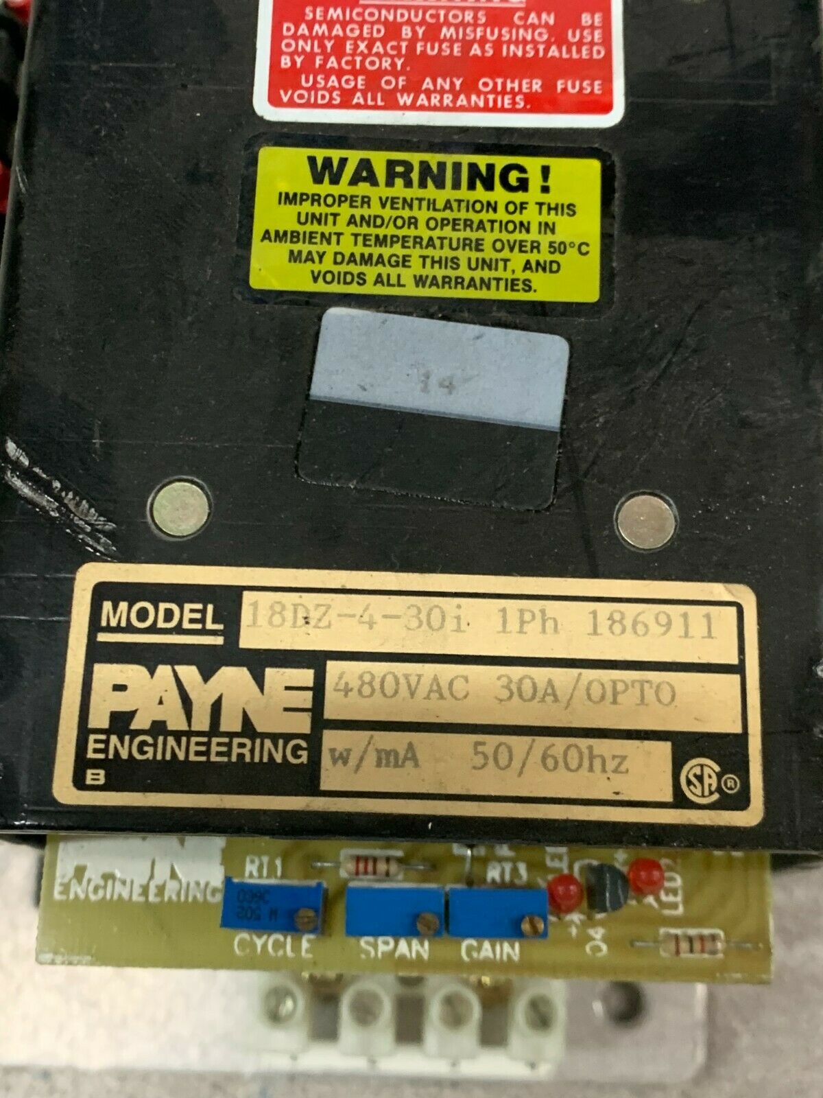 USED PAYNE ENGINEERING POWER CONTROL 18DZ-4-30I 1PH 186911