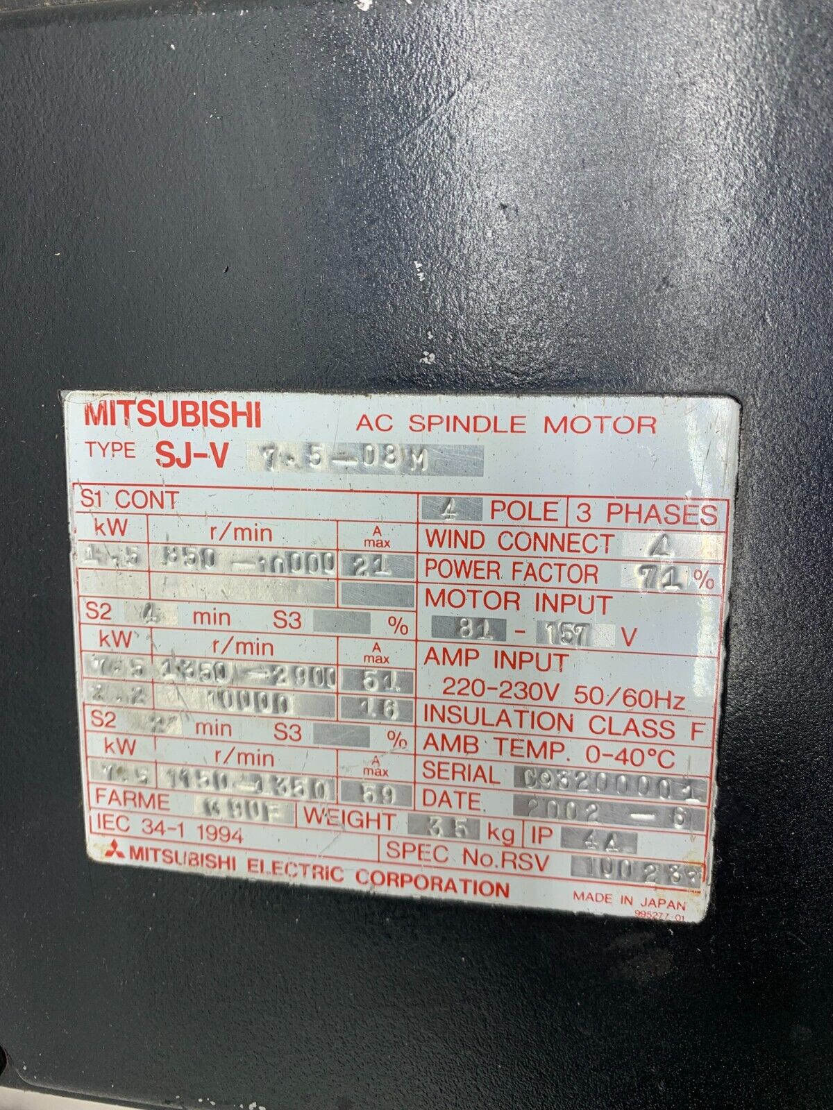 USED MITSUBISHI SJ-V-7.5-08M AC SPINDLE MOTOR SJ-V 7.5-08M