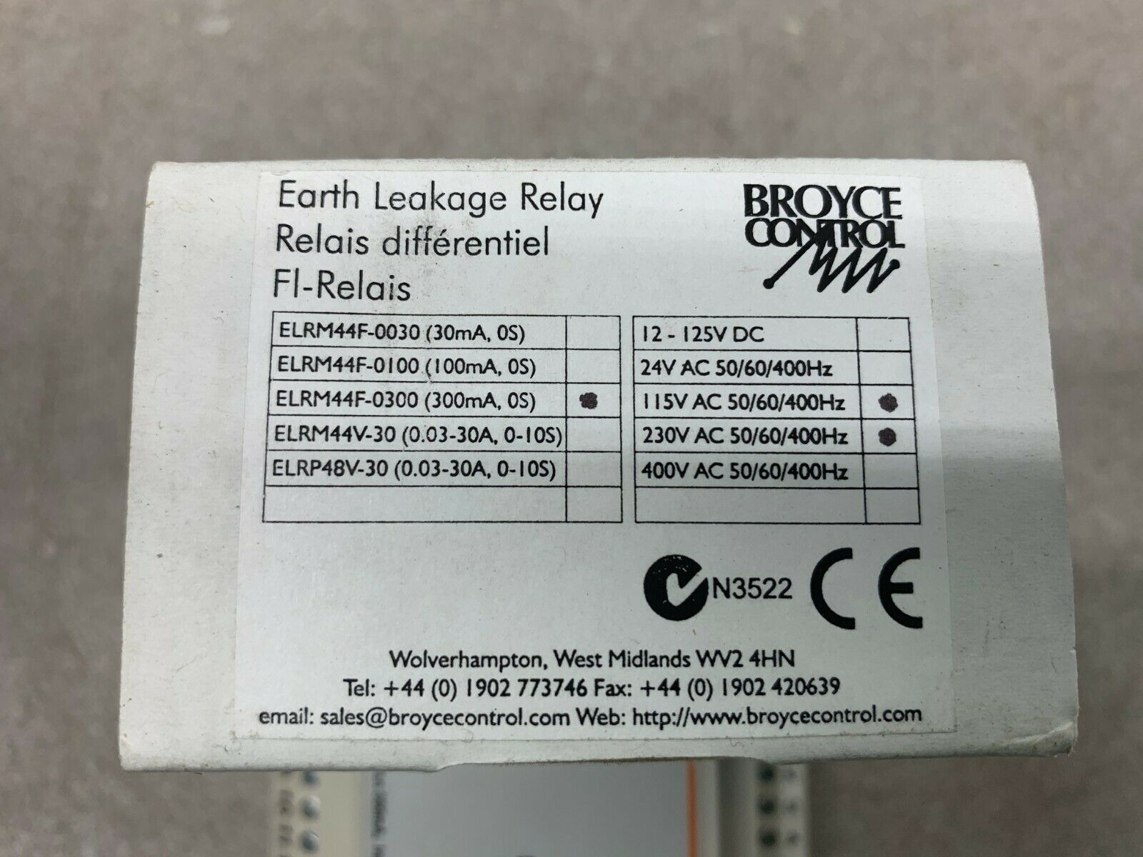 NEW IN BOX BROYCE CONTROL EARTH LEAKAGE RELAY ELRM44F-0300