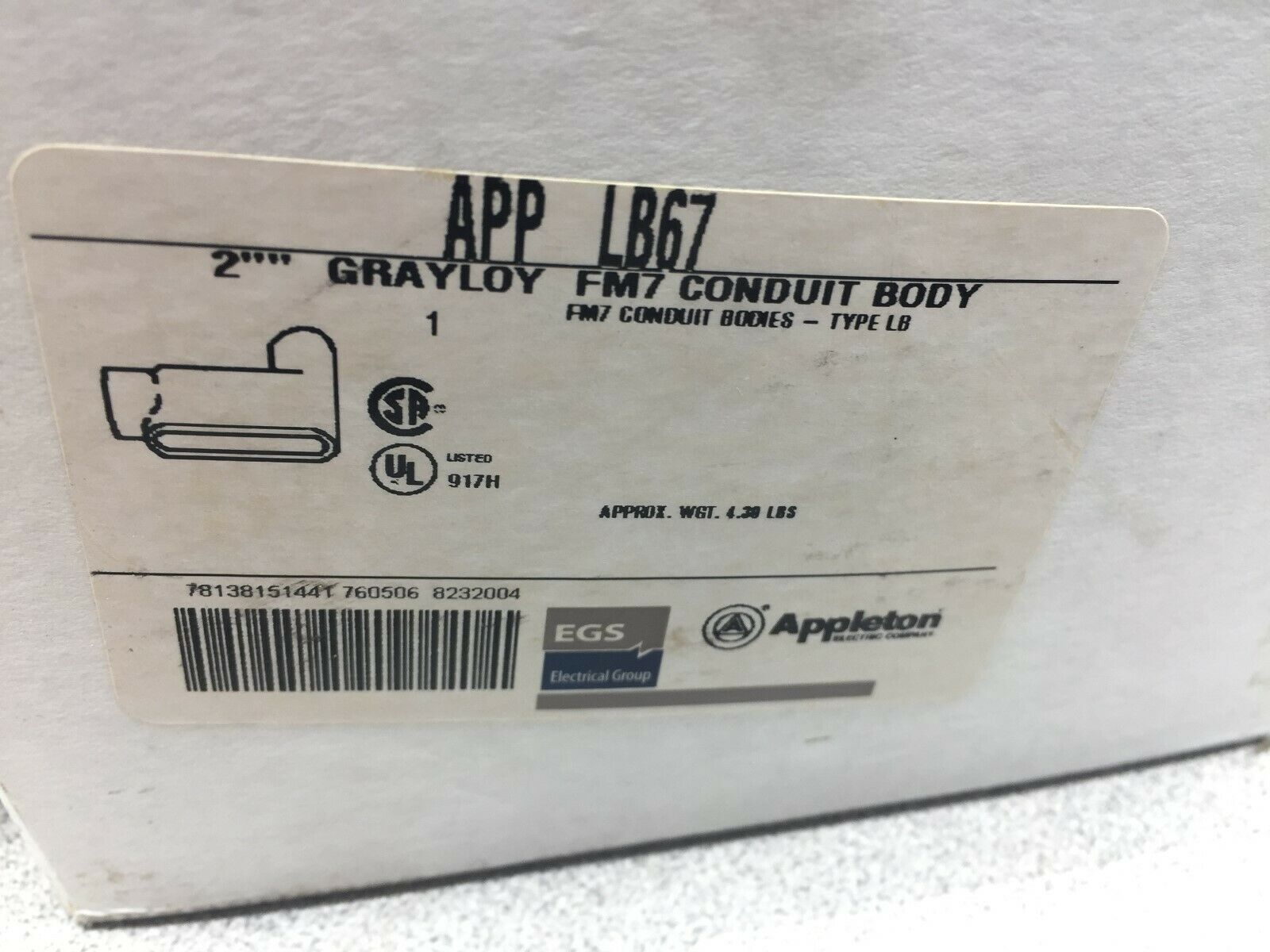 NEW IN BOX APPLETON 2" LB CONDUIT BODY LB67