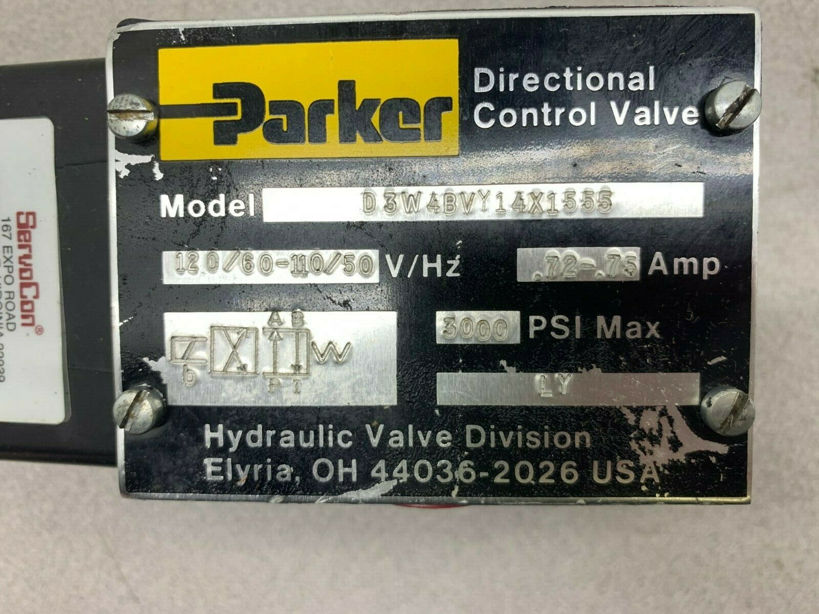 NEW NO BOX PARKER HYDRAULIC CONTROL VALVE D3W4BVY14X1555