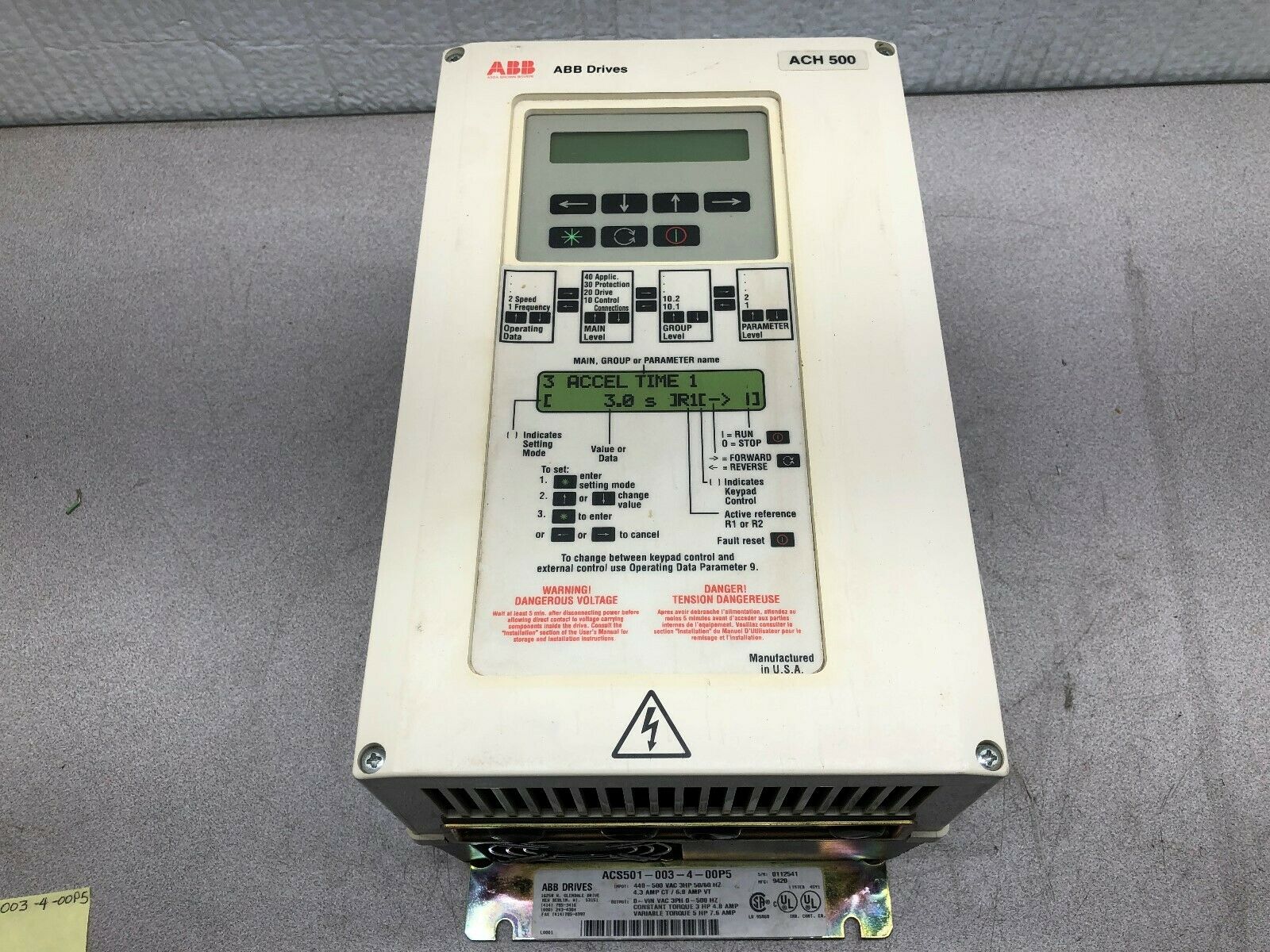 USED ABB 5 HP 6.8 AMP 480 VAC 3 PH 0-500 HZ FREQUENCY DRIVE ACS501-003-4-00P5