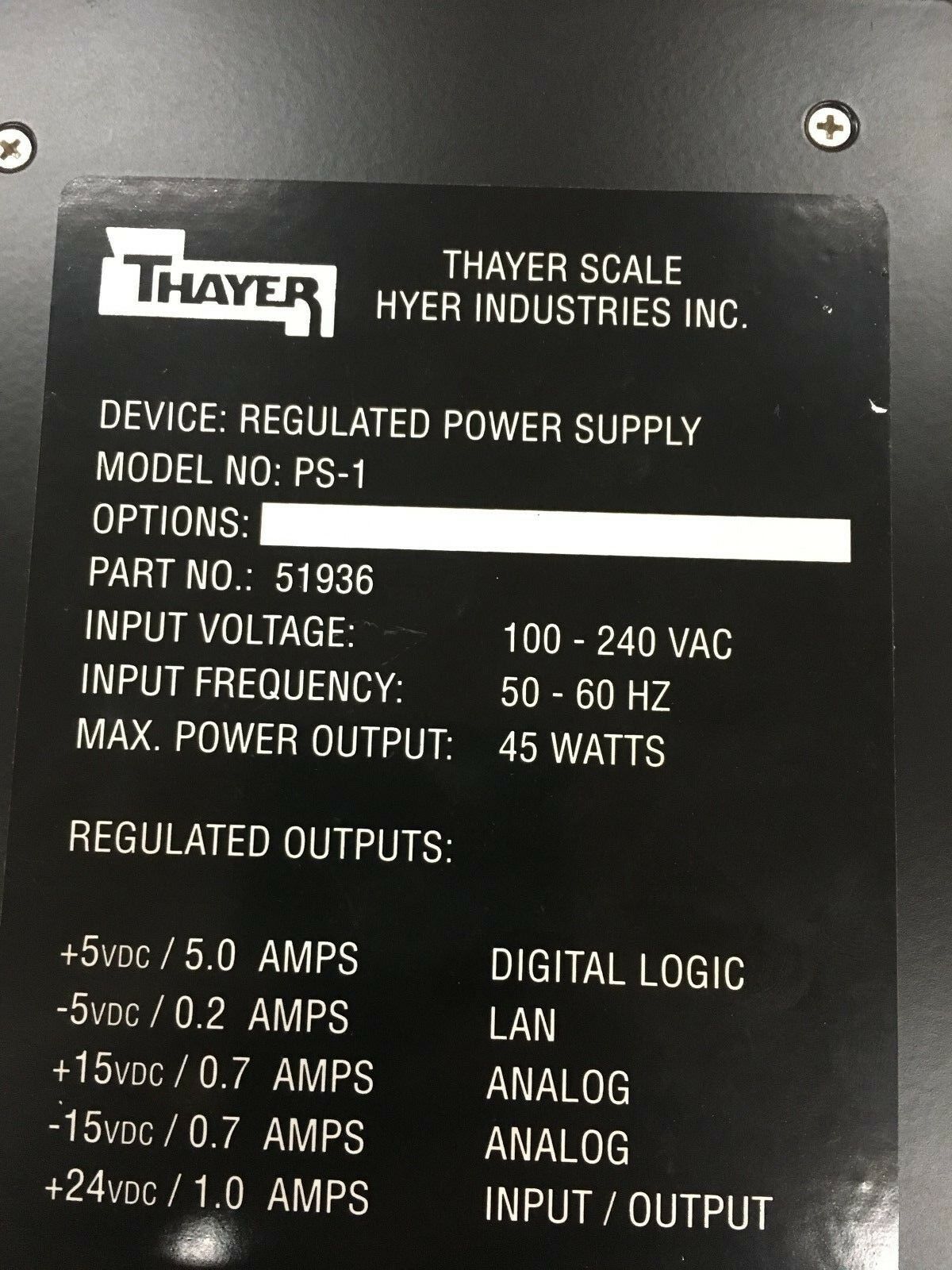 USED THAYER SCALE REGULATED POWER SUPPLY PS-1