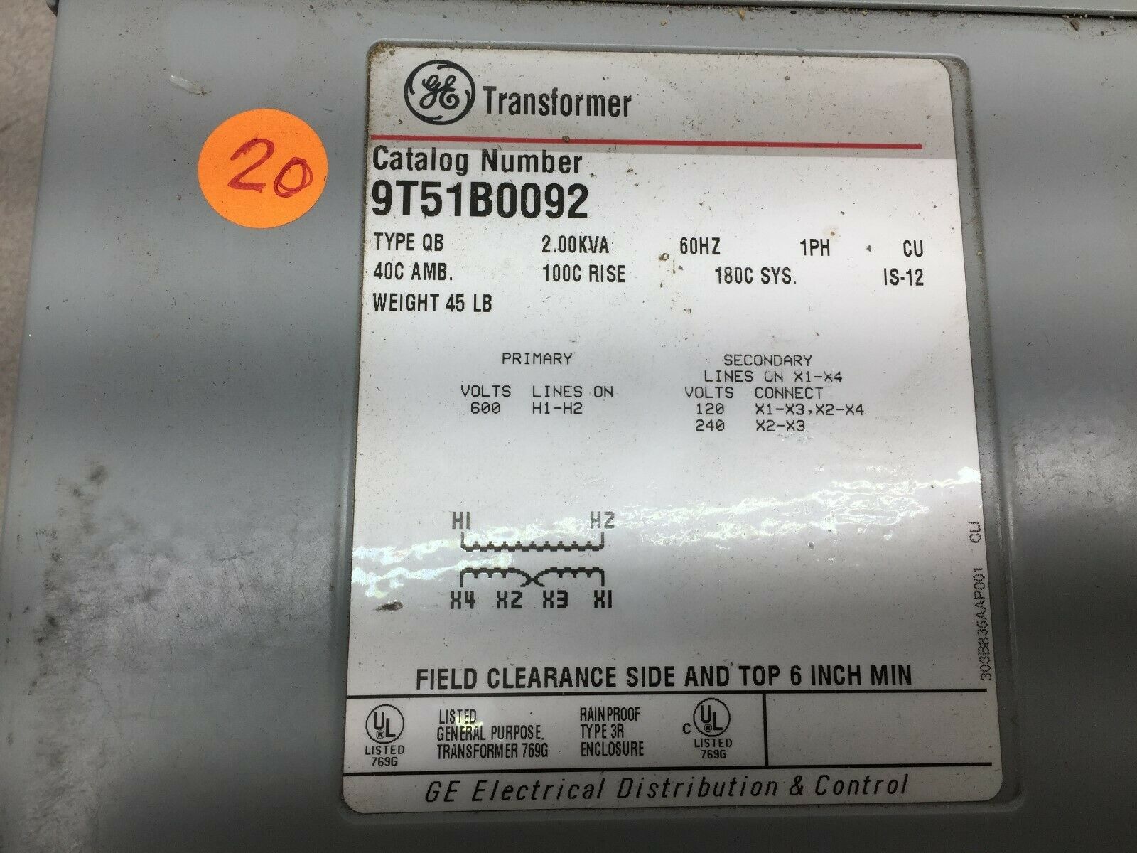 NEW NO BOX GE 2.00KVA 1PH 600VAC PRI 120/240VAC SEC TRANSFORMER 9T51B0092