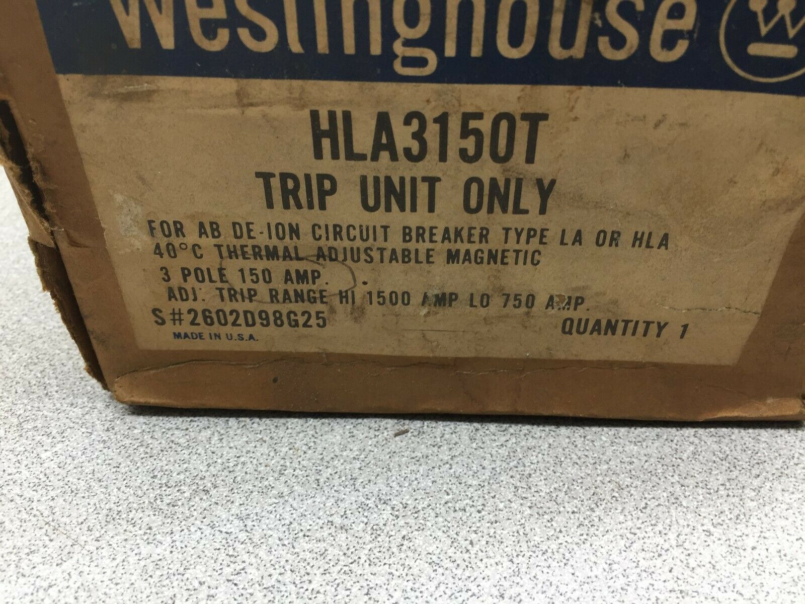 NEW IN BOX WESTINGHOUSE 150AMP 3POLE 750-1500TRIP MAGNETIC TRIP UNIT HLA3150T