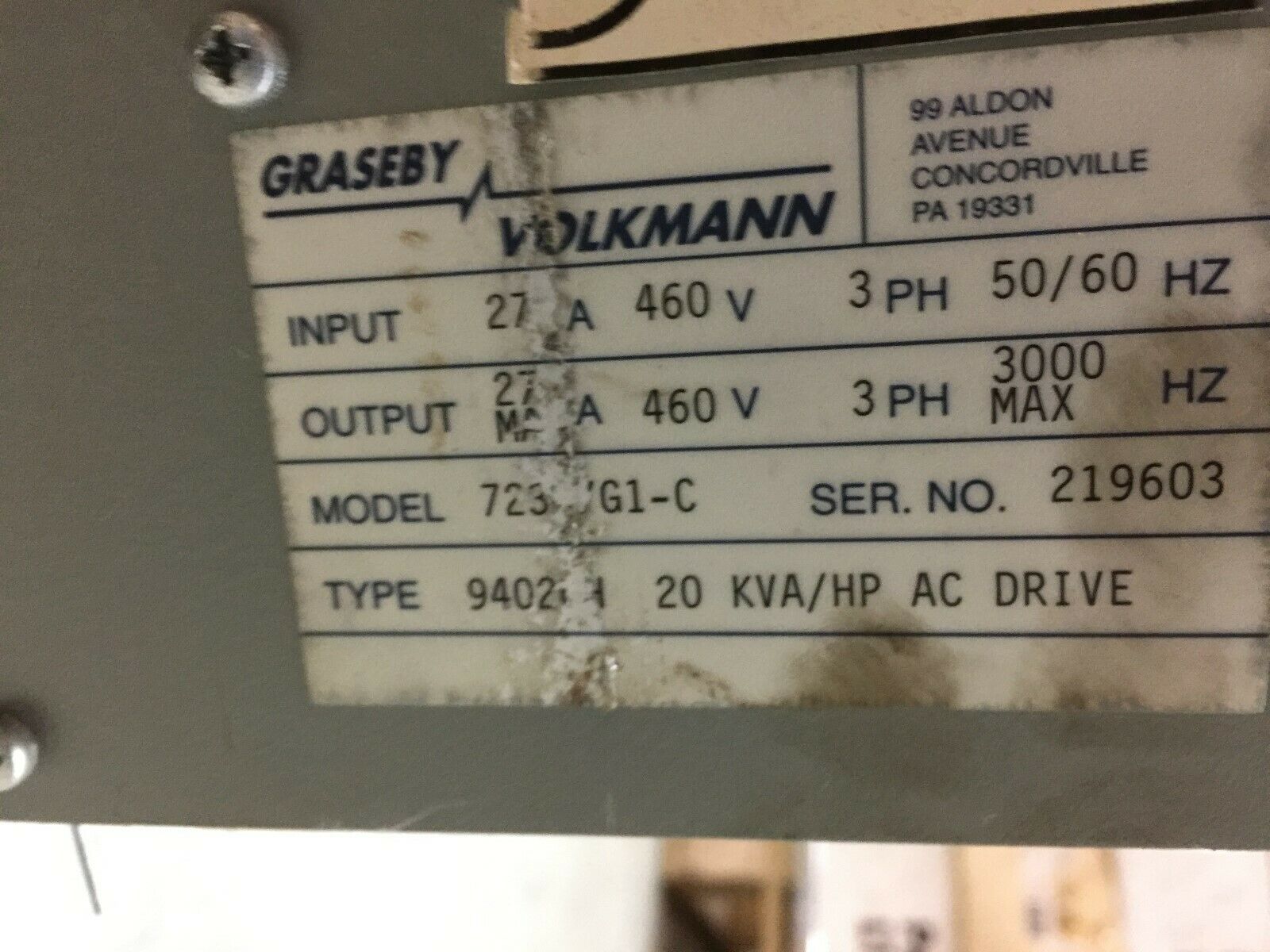 USED VOLKMANN 9000 460VAC 3PH 27AMP 3000HZ DRIVE 94020L