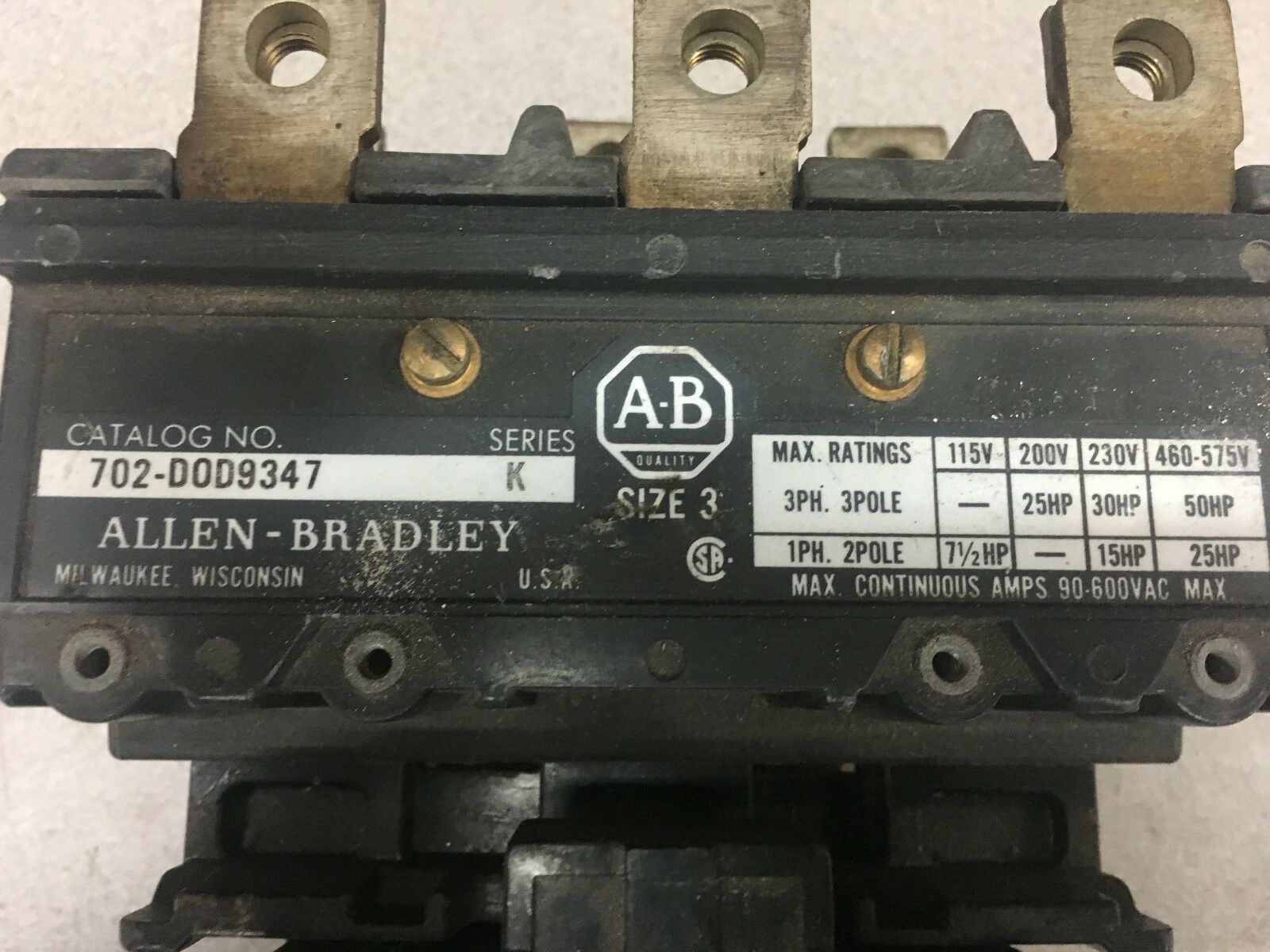 USED ALLEN BRADLEY SIZE 3 STARTER 702-DOD9347 SERIES K