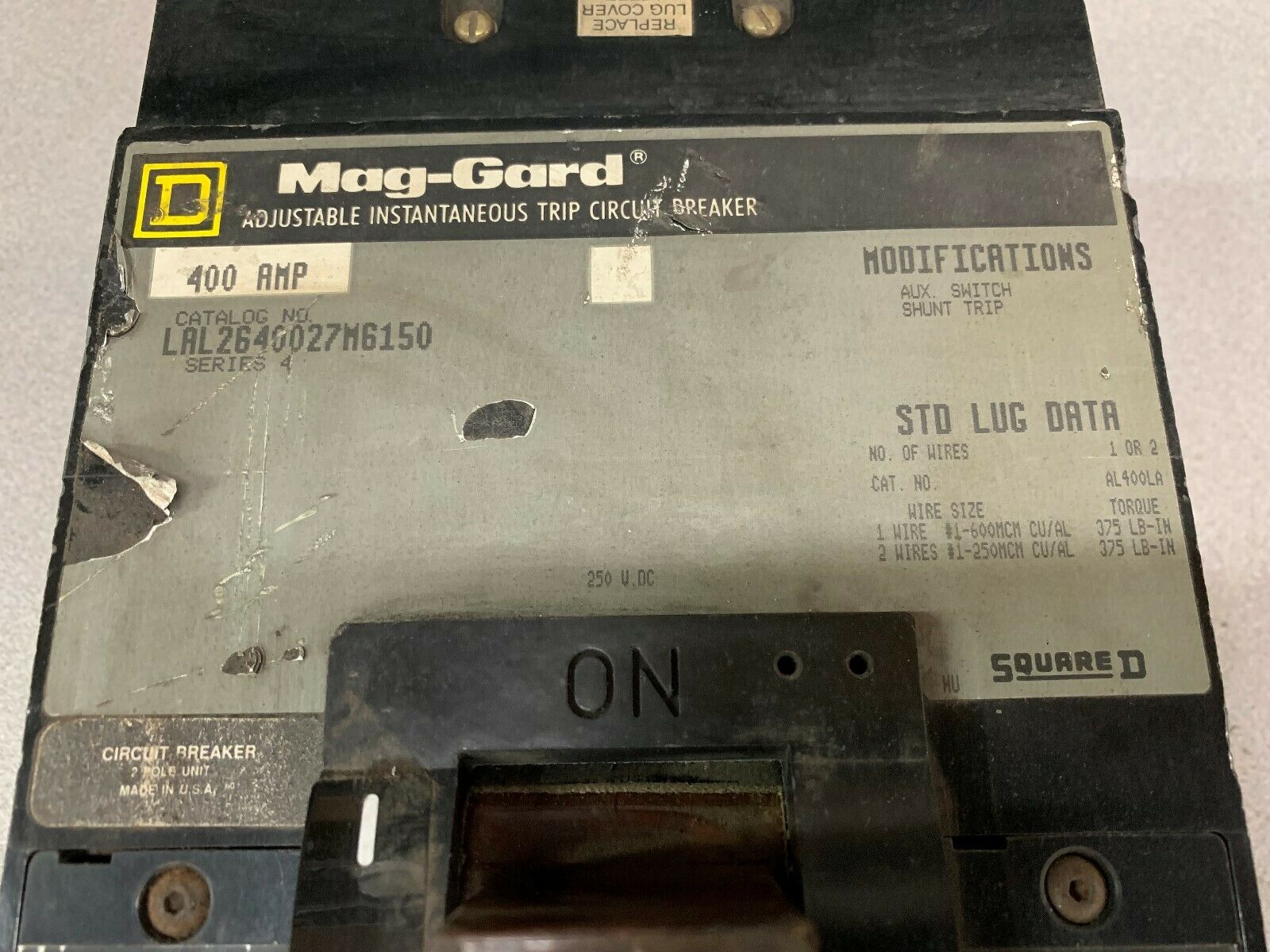 USED SQUARE D 400AMP MAG-GARD CIRCUIT BREAKER LAL2640027M6150