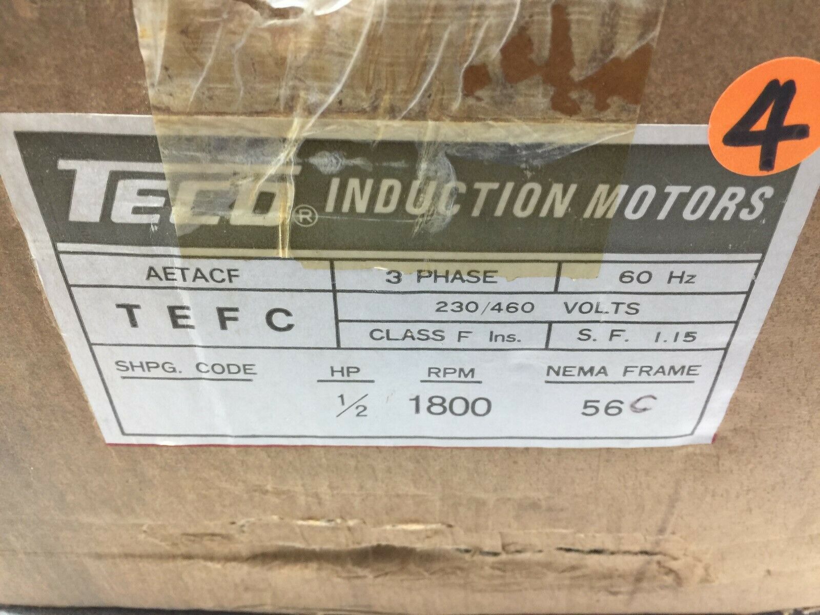 NEW IN BOX TECO 1/2 HP 1800 RPM 3PH 239/460VAC 56CFR TEFC MOTOR AETACF