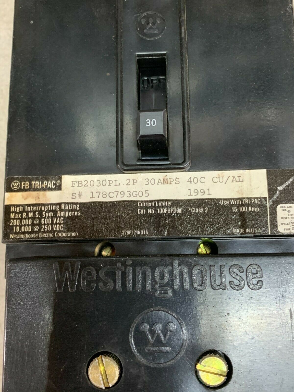 NEW NO BOX WESTINGHOUSE 2 POLE 30AMP TRI-PAC CIRCUIT BREAKER FB2030PL