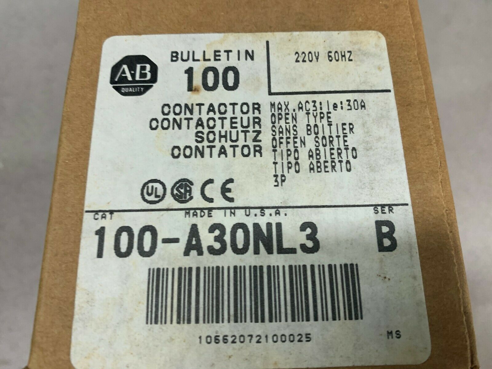 NEW IN BOX ALLEN BRADLEY CONTACTOR 100-A30NL3 SERIES B