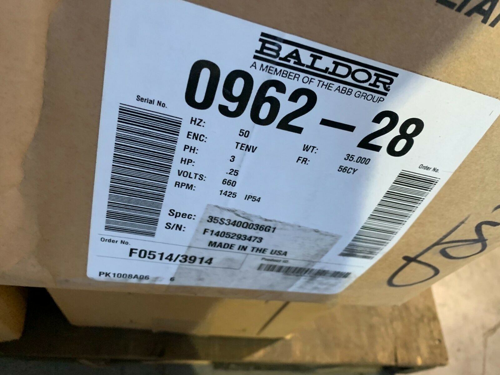 NEW IN BOX BALDOR 3 PHASE 962-28 1/4HP MOTOR 1425RPM 0962-28 SPEC 35S340Q036G1