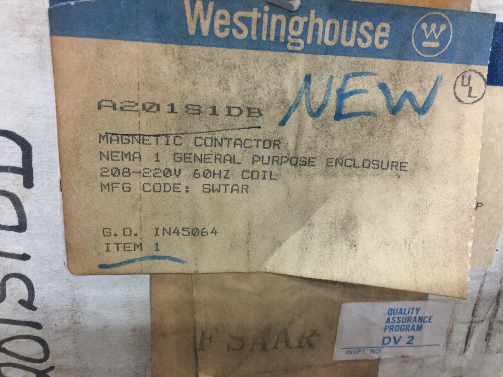 NEW IN BOX WESTINGHOUSE 208-220VAC 27AMPS SIZE 1 CONTACTOR AND ENCLOSURE A201S1D