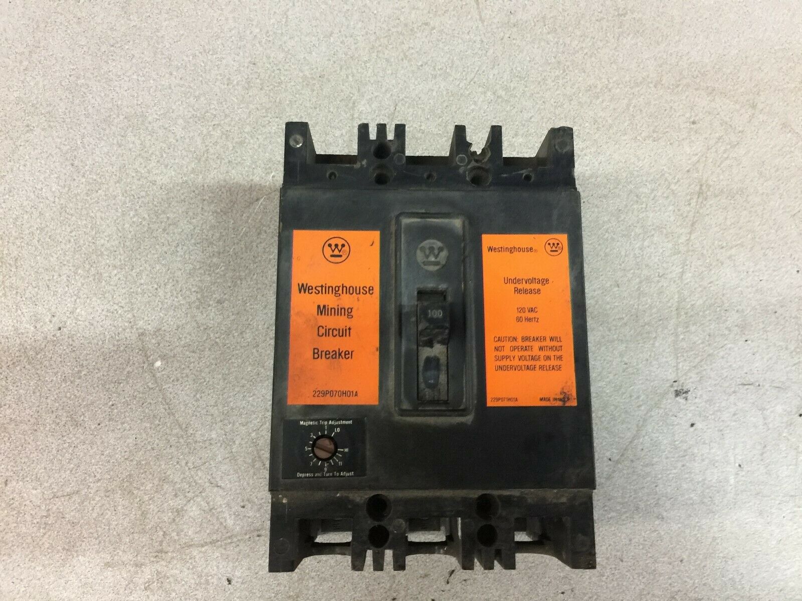 USED WESTINGHOUSE 100AMP 3POLE MINING CIRCUIT BREAKER 229P070H01A