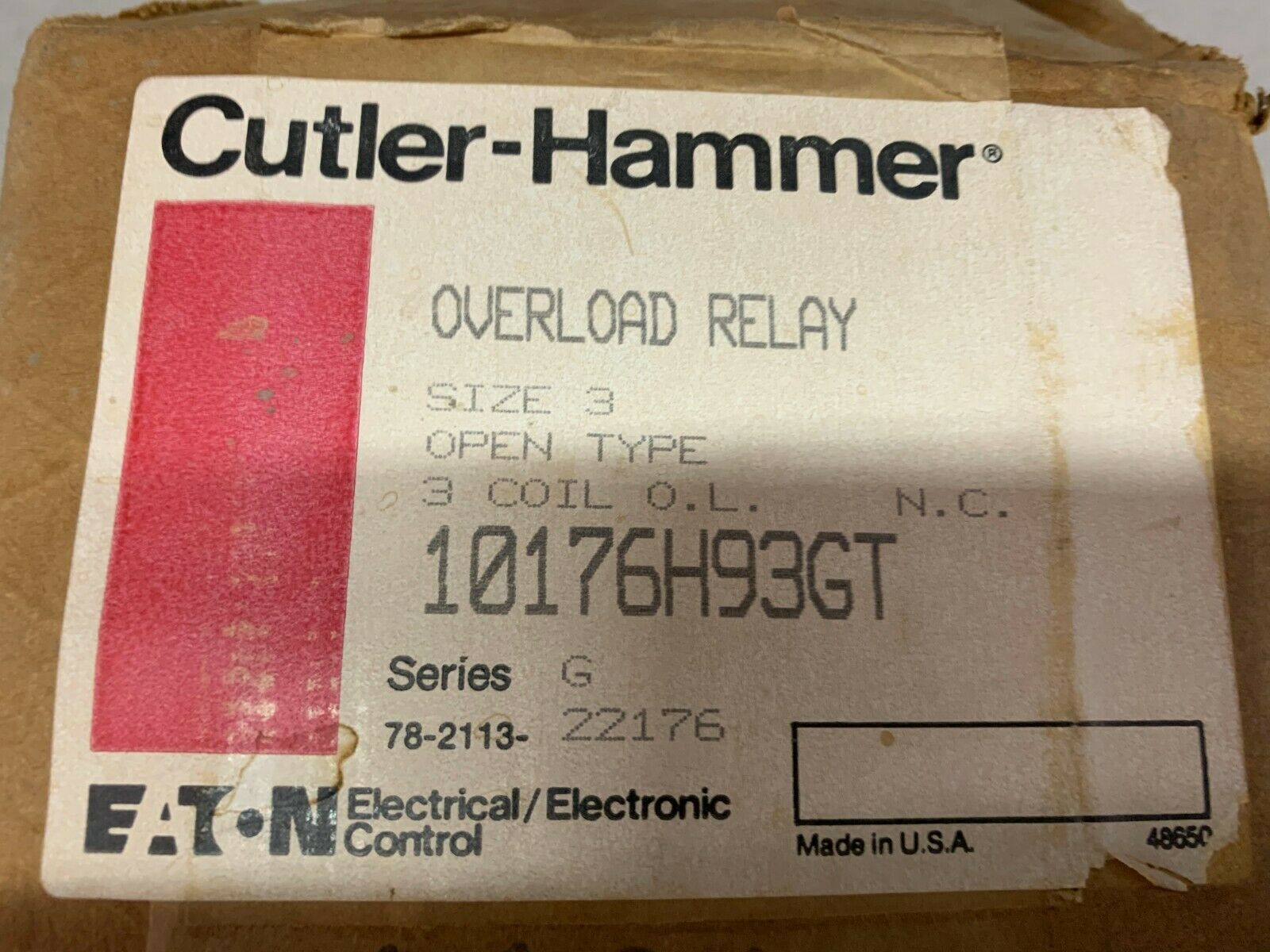 NEW IN BOX CUTLER HAMMER OVERLOAD RELAY 10176H93GT