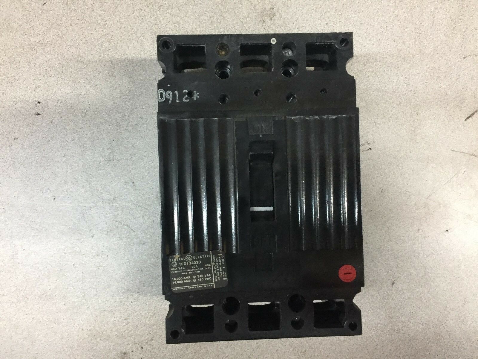 USED GE 20AMP 480VAC 3POLE CURCUIT BREAKER TED134020