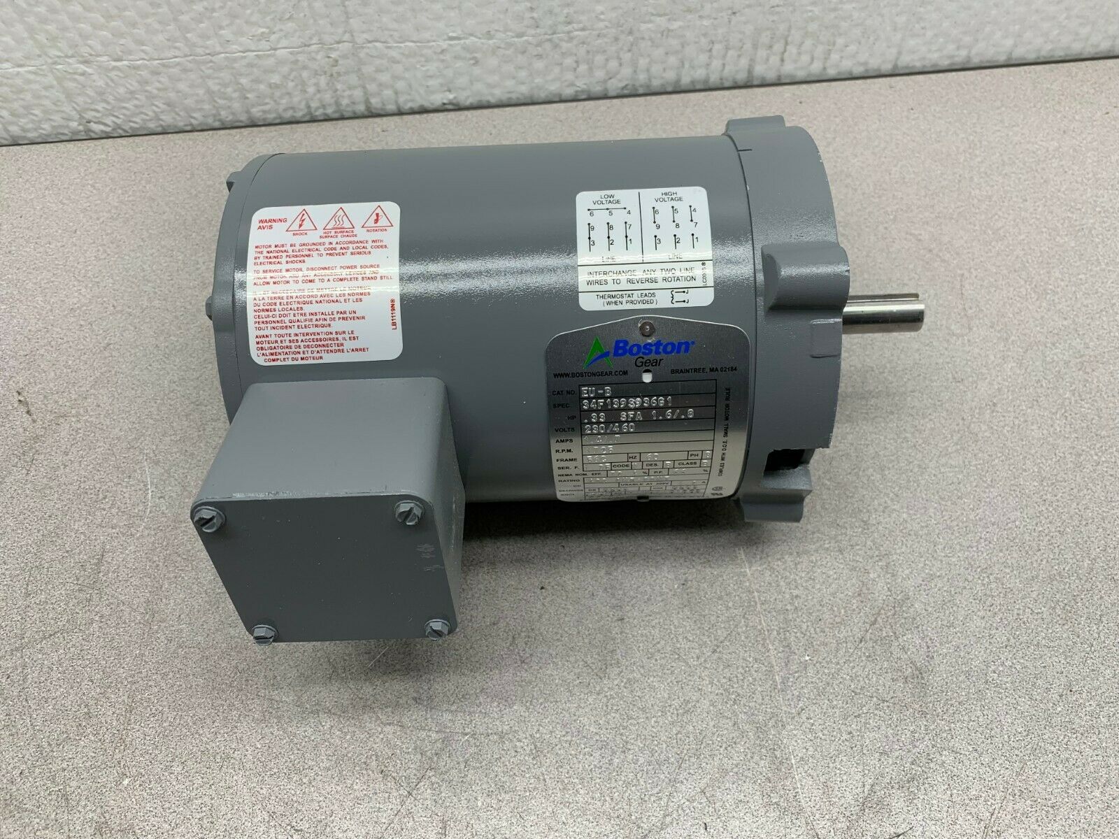 NEW NO BOX BOSTON GEAR .33HP 1725RPM MOTOR EU-B SPEC. 34F139S936G1