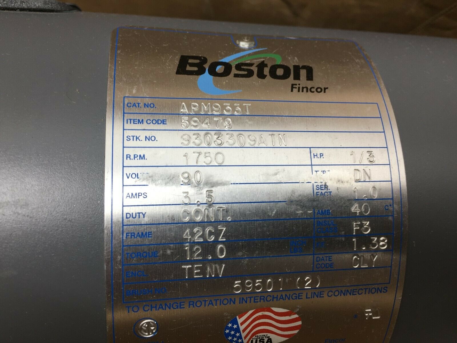 NEW IN BOX BOSTON 1/3 HP 1750 RPM 90 VAC 42CZ FR MOTOR 59479