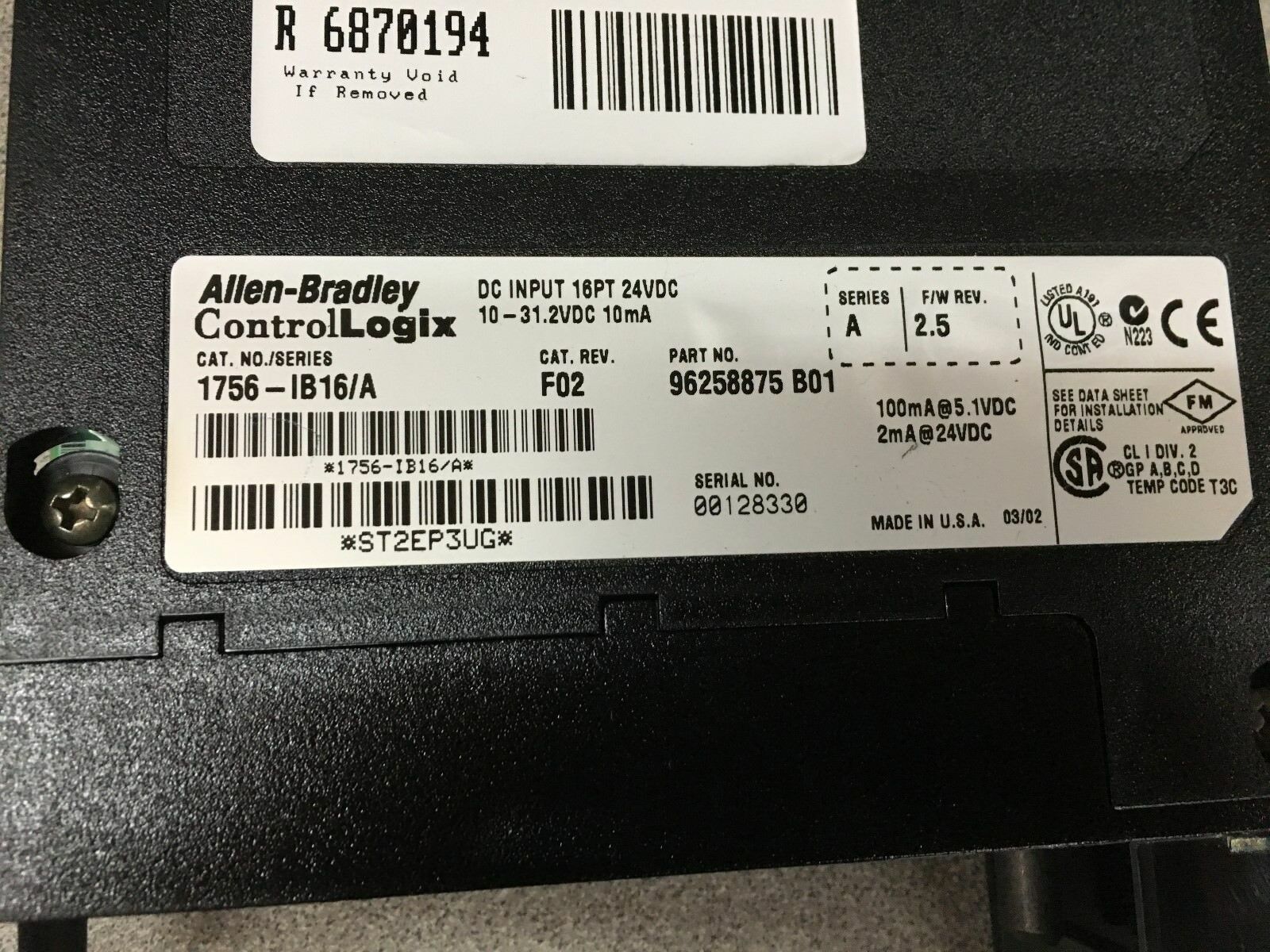 USED ALLEN-BRADLEY ControlLogix DC INPUT MODULE 1756-IB16 SERIES A