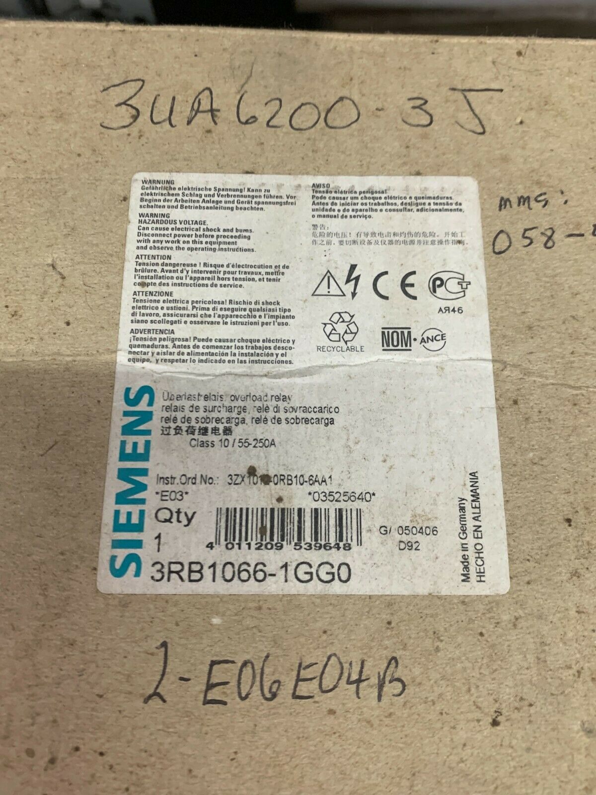 NEW IN BOX SIEMENS OVERLOAD RELAY 3RB1066-1GG0