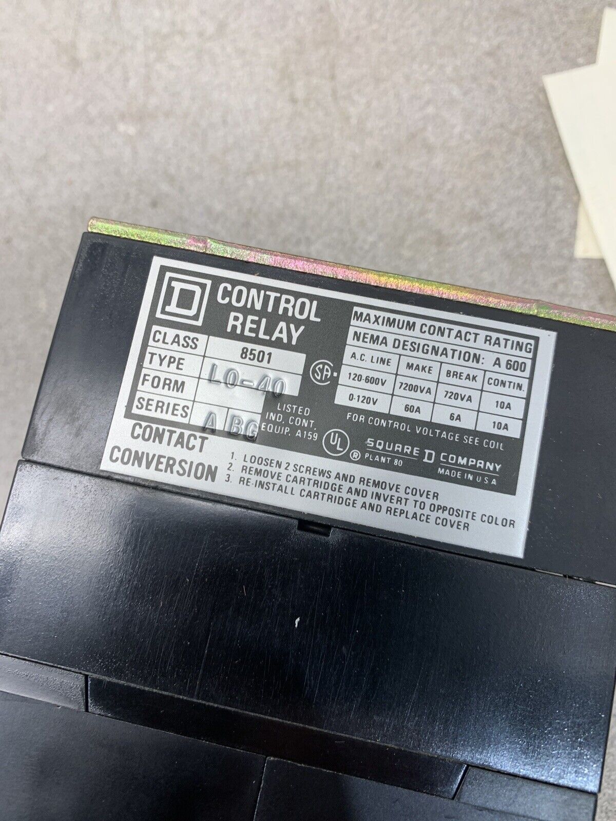 NEW IN BOX SQUARE D 8501 L0-40 A.C. MECH. LATCH RELAY 8501 LO-40-LL