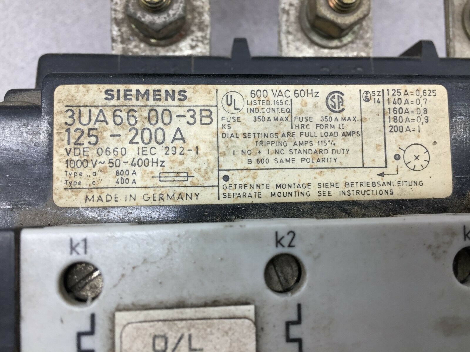 USED SIEMENS 600VAC 3POLE 250AMP STARTER 3TF54  / 3UA6600-3B