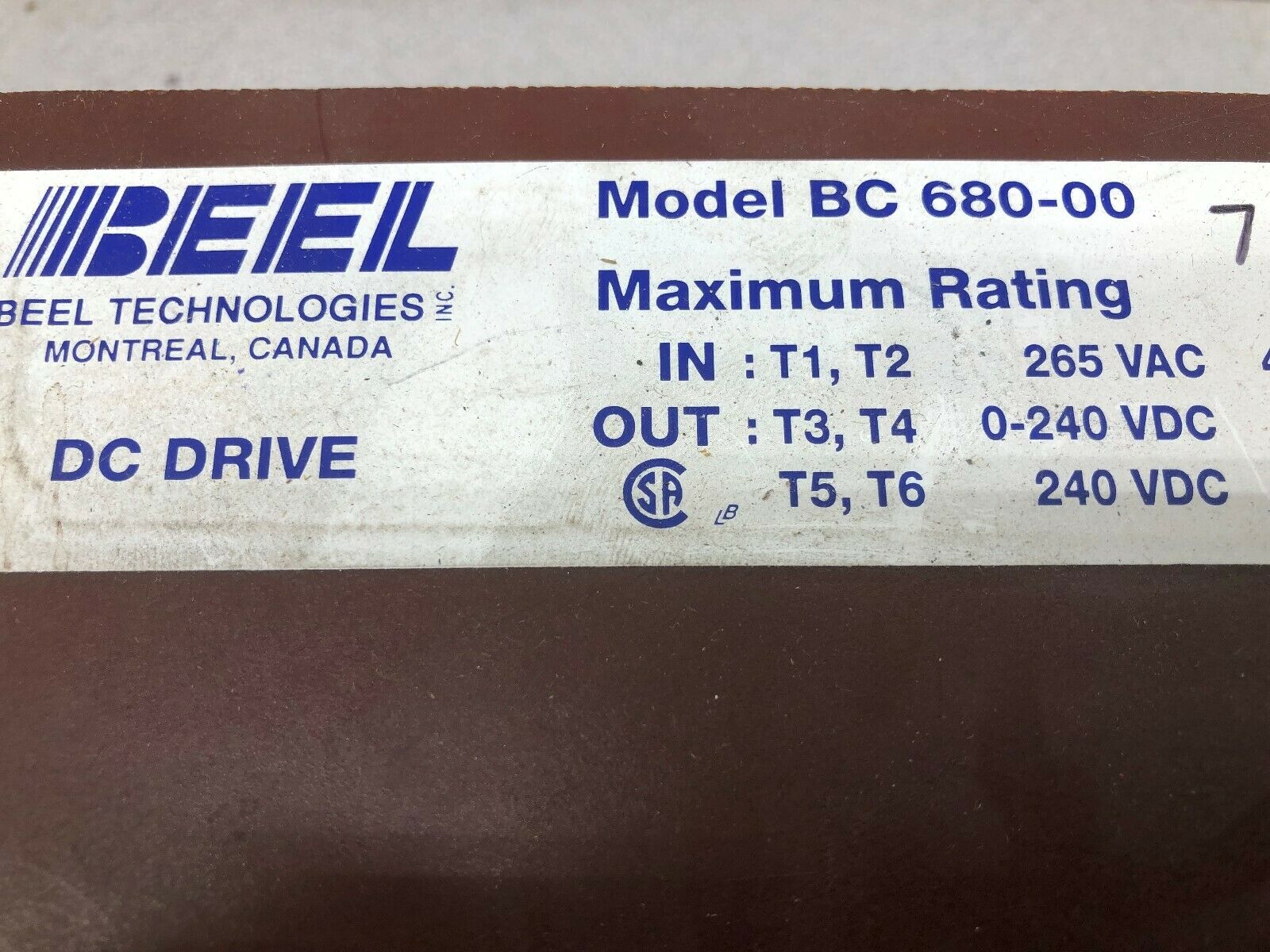 USED BEEL 7.5 HP 265 VAC 45 AMP INPUT 0-240 VDC 29 AMP DC DRIVE BC 680-00