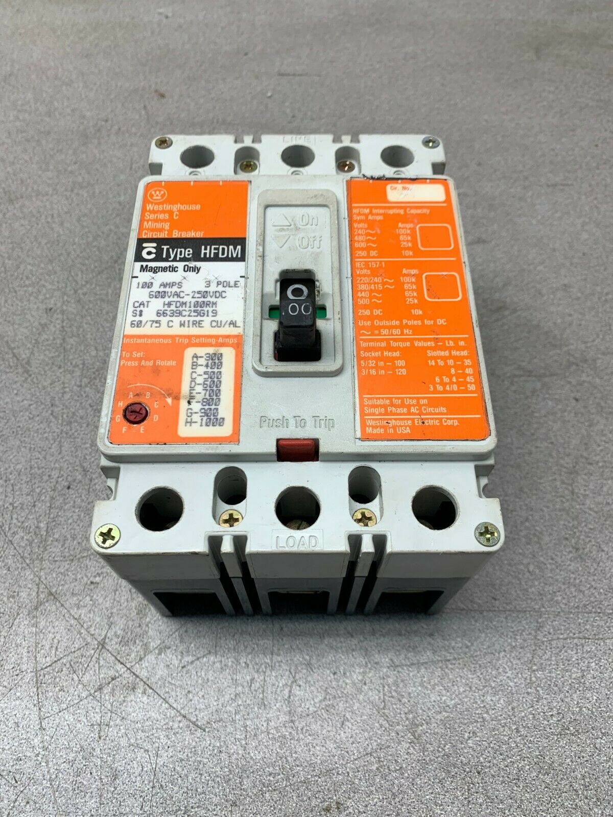 USED WESTINGHOUSE 3 POLE 100AMP MINING CIRCUIT BREAKER HFDM100RM