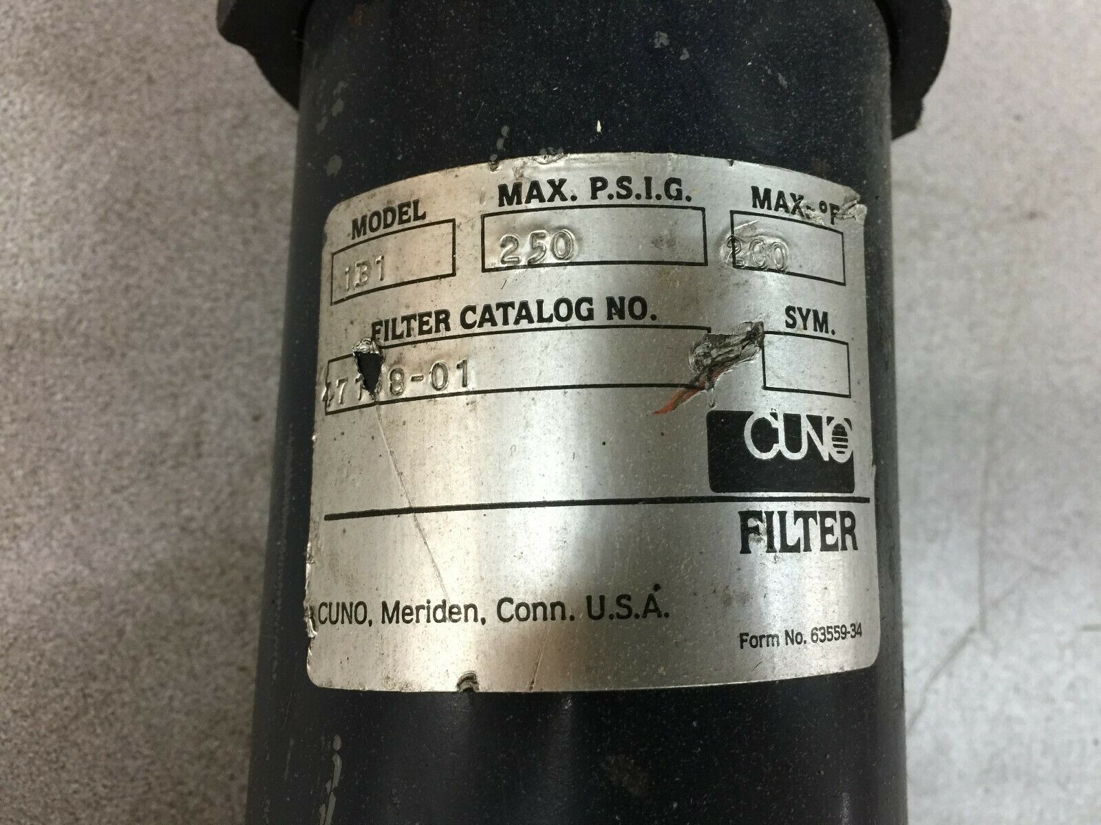 USED CUNO FILTER 250 MAX PSIG 200 DEG F MAX MODEL 1B1 FILTER 47108-01