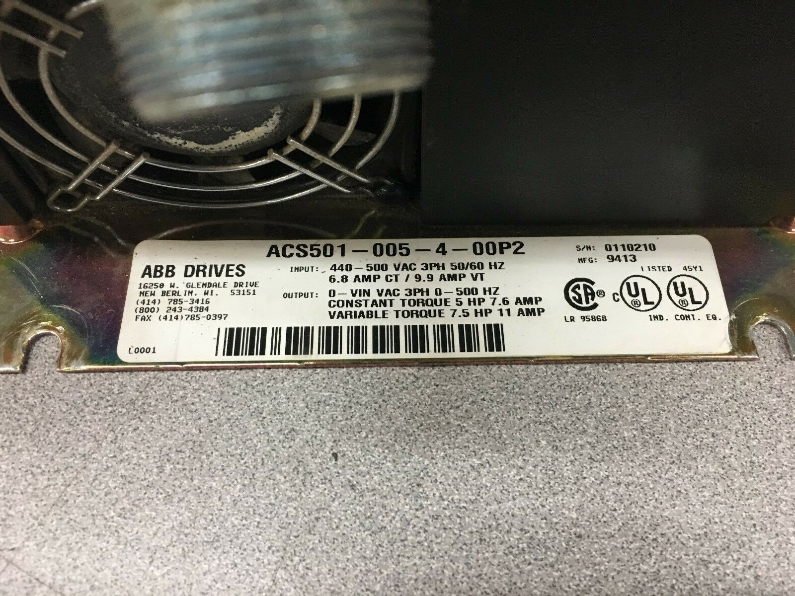 USED ABB ACS 500 7.5HP VARIABLE SPEED DRIVE ACS501-005-4-00P2