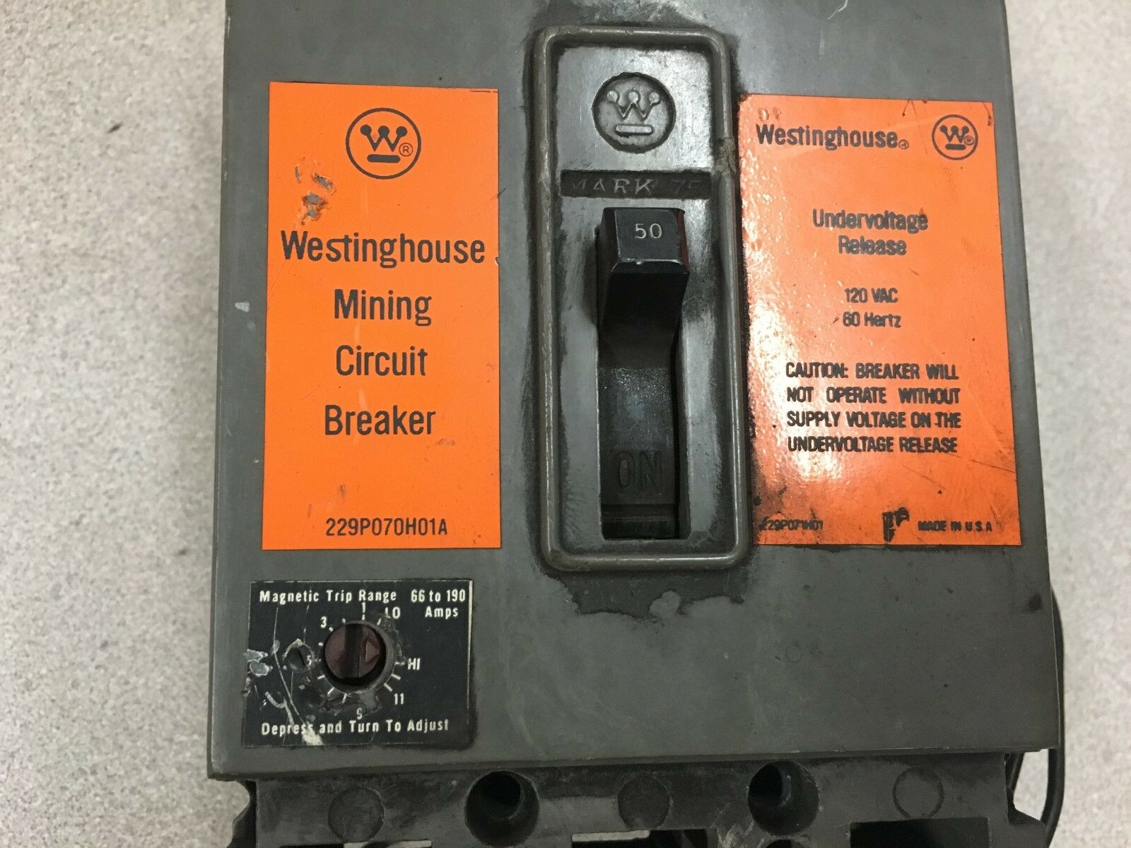 USED WESTINGHOUSE 3 POLE 50AMP MINING CIRCUIT BREAKER 2609D55G40