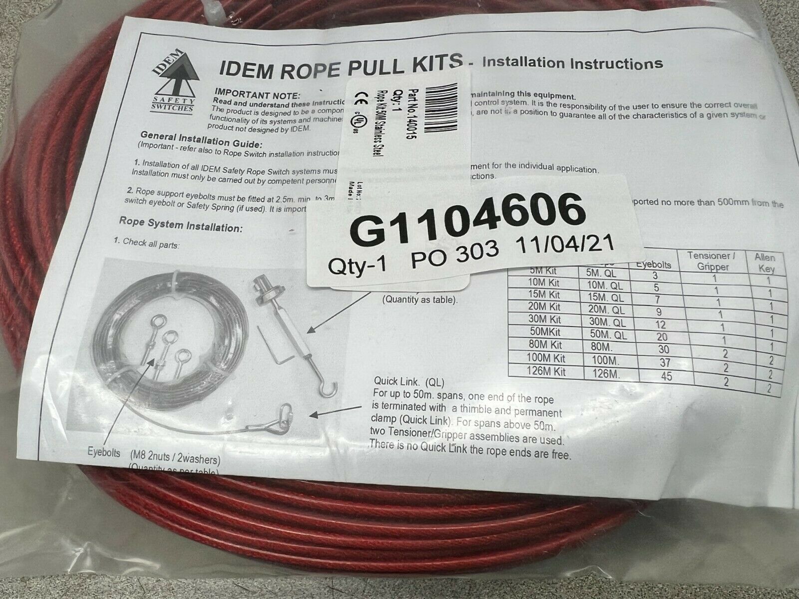 NEW IN BAG IDEM G1104606  PULL CABLE KIT 140015