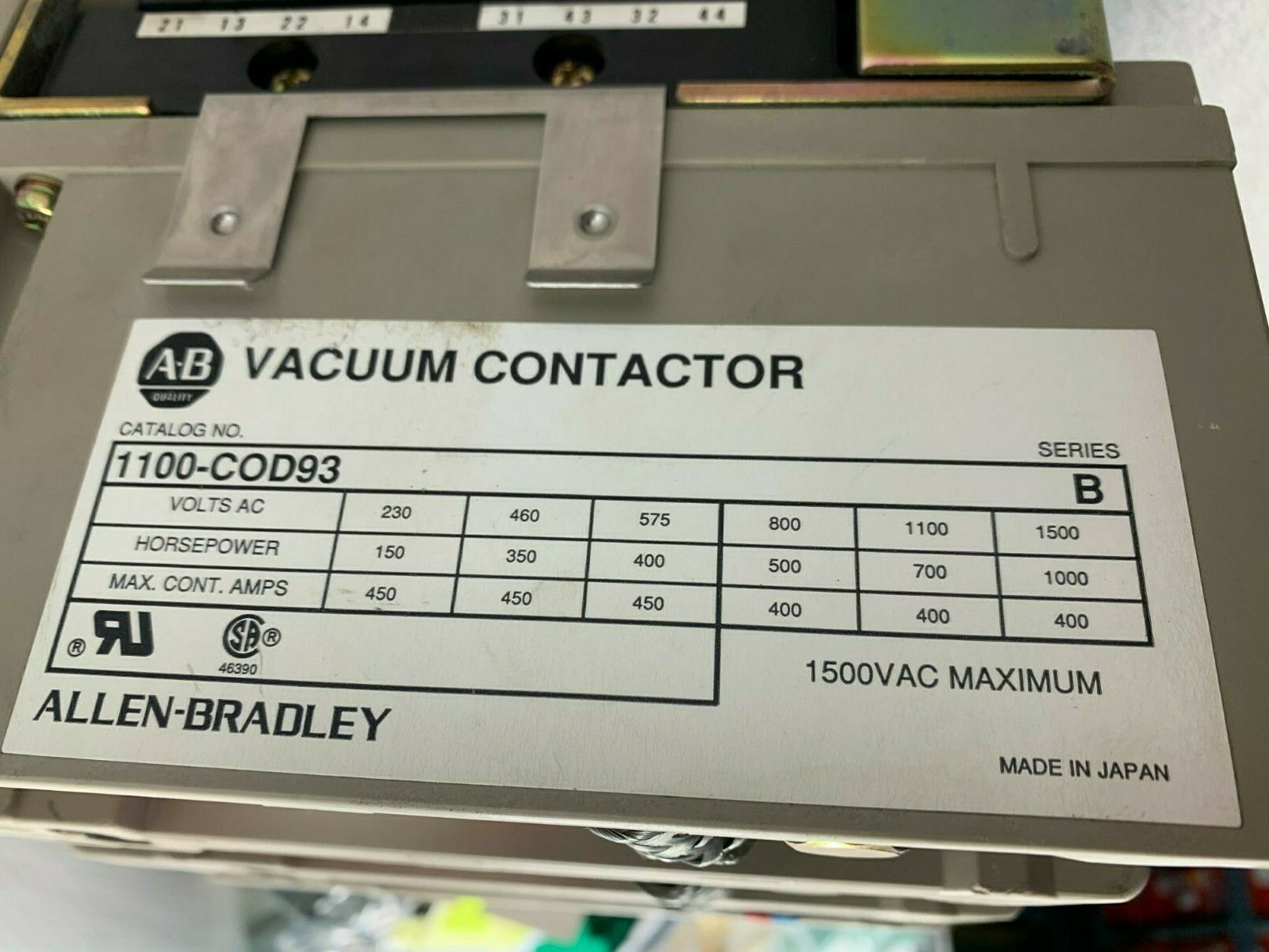 USED ALLEN-BRADLEY 1100-C0D93 VACUUM CONTACTOR 1100-COD93 SERIES B