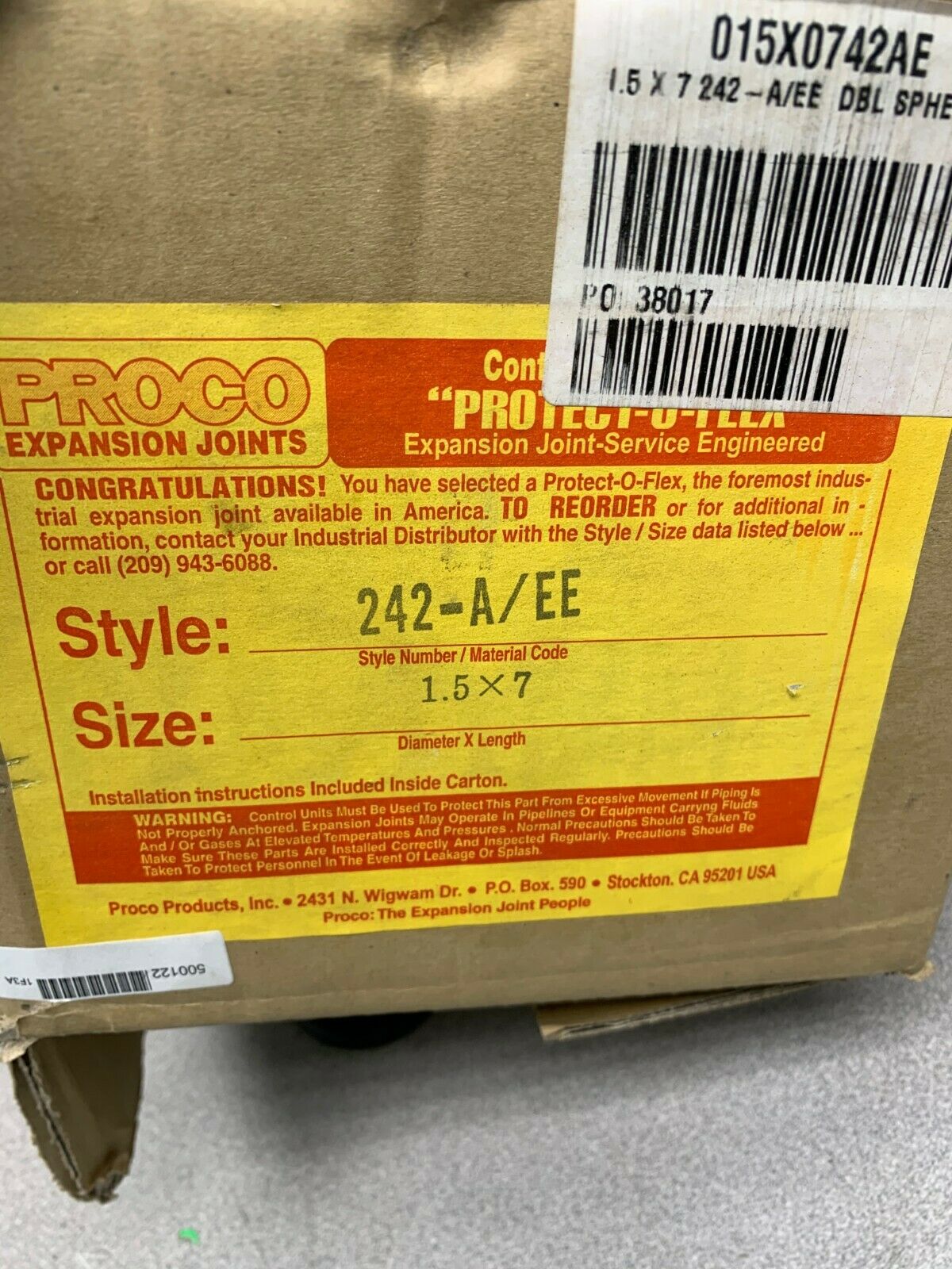 NEW PROCO 1.5"X7" NEOPRENE EXPANSION JOINT 242-A/EE PROTECT-O-FLEX