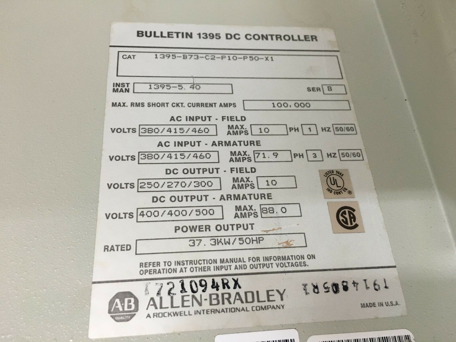 USED ALLEN-BRADLEY DC CONTROLLER 50HP DRIVE 1395-B73-C2-P10-P50-X1 SERIES B