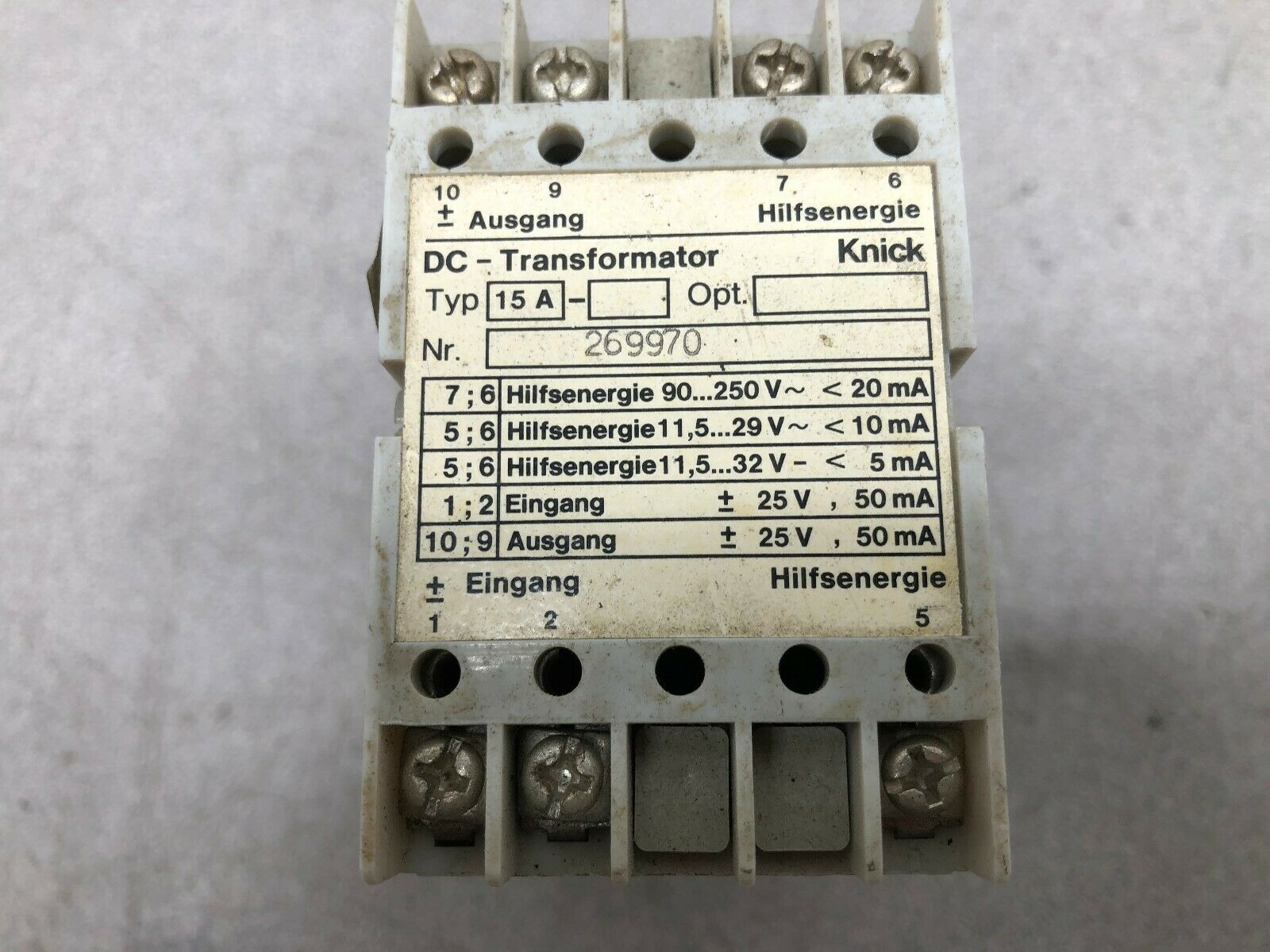 USED KNICK DC 25 V DC 50 MA TRANSFORMATOR 15A