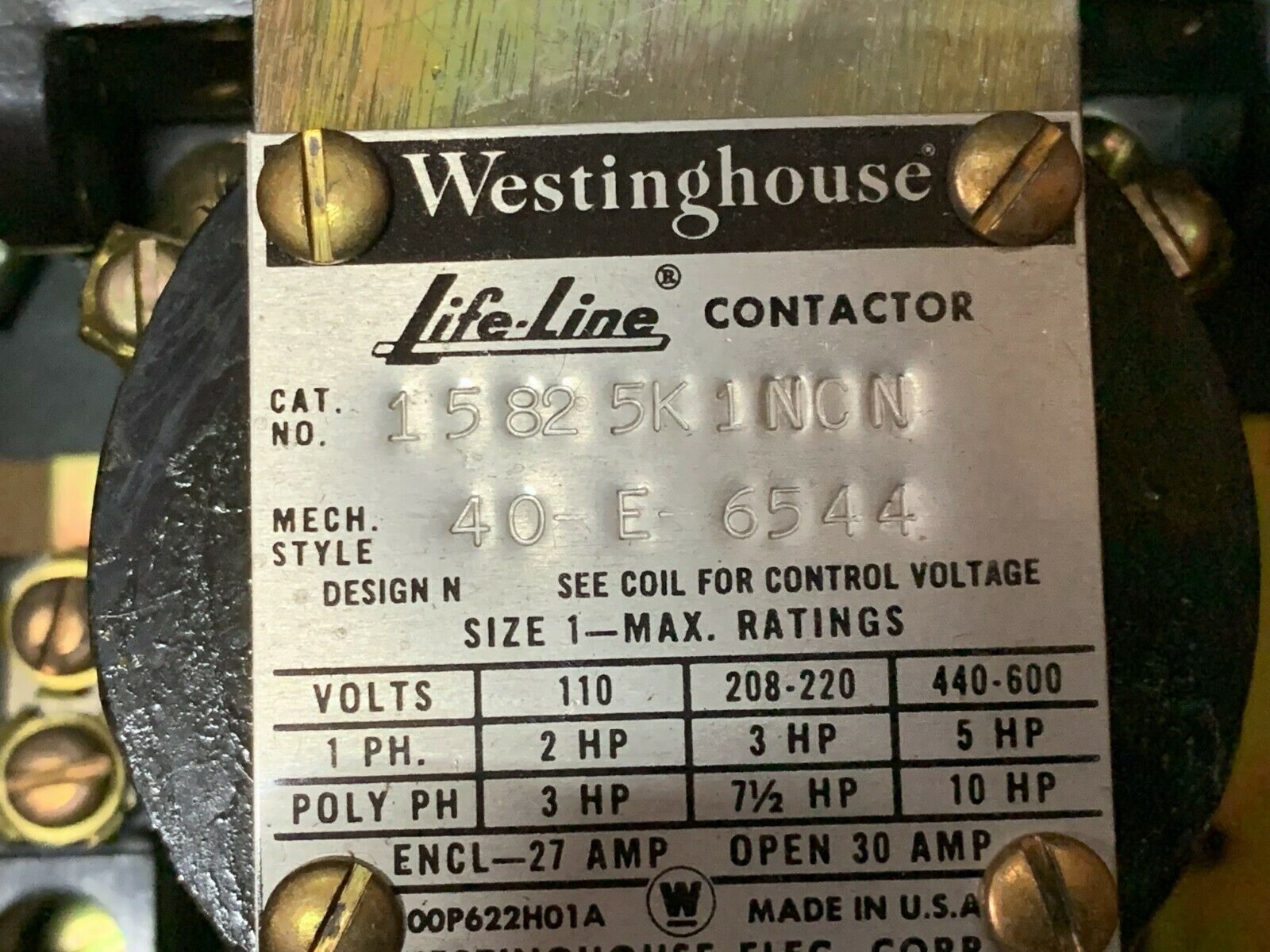 NEW IN BOX WESTINGHOUSE SIZE 1 LIFE-LINE CONTACTOR 15825K1NCN