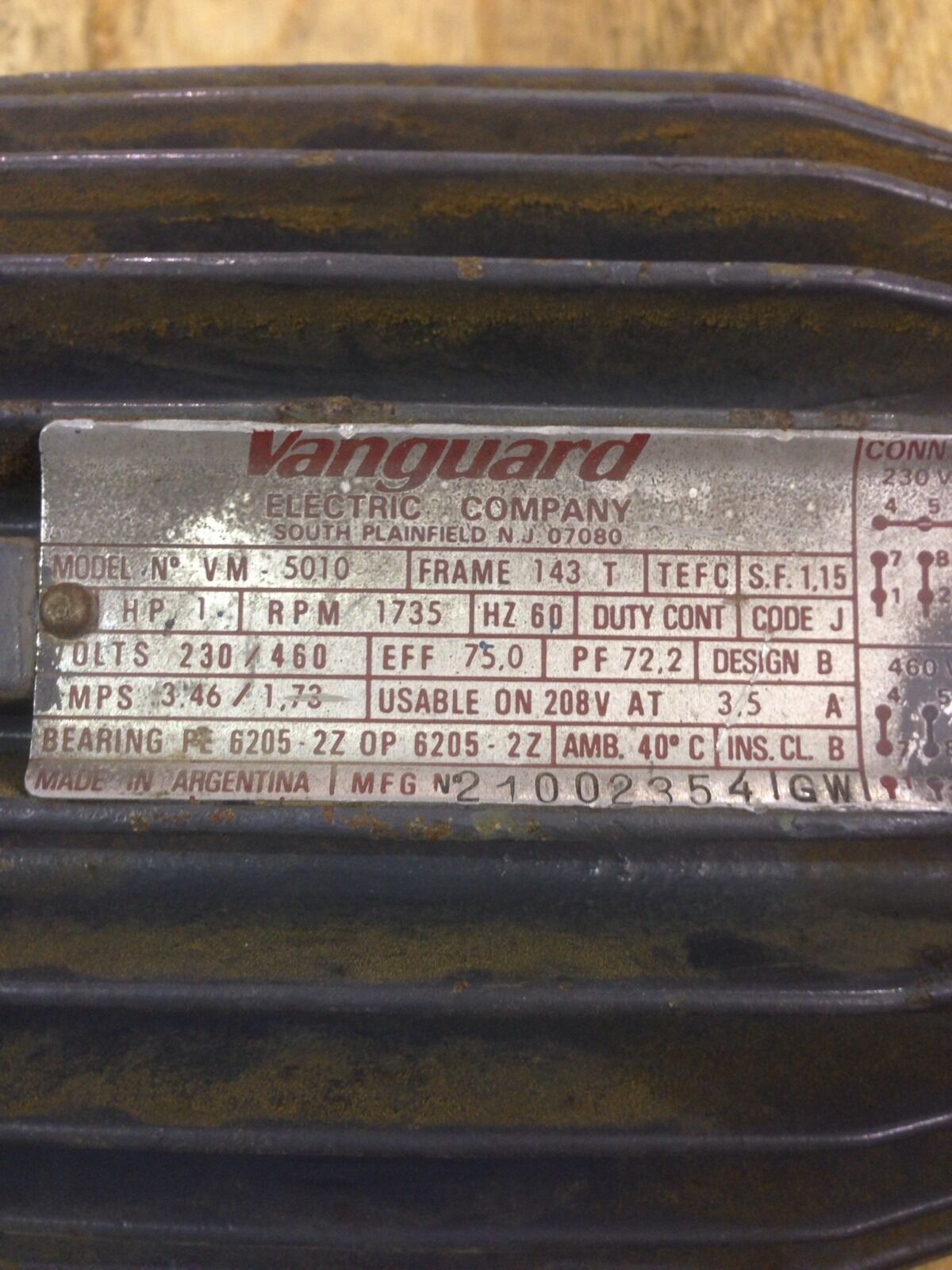 USED VANGUARD 1HP MOTOR 3 PHASE 1735 RPM  N VM-5010