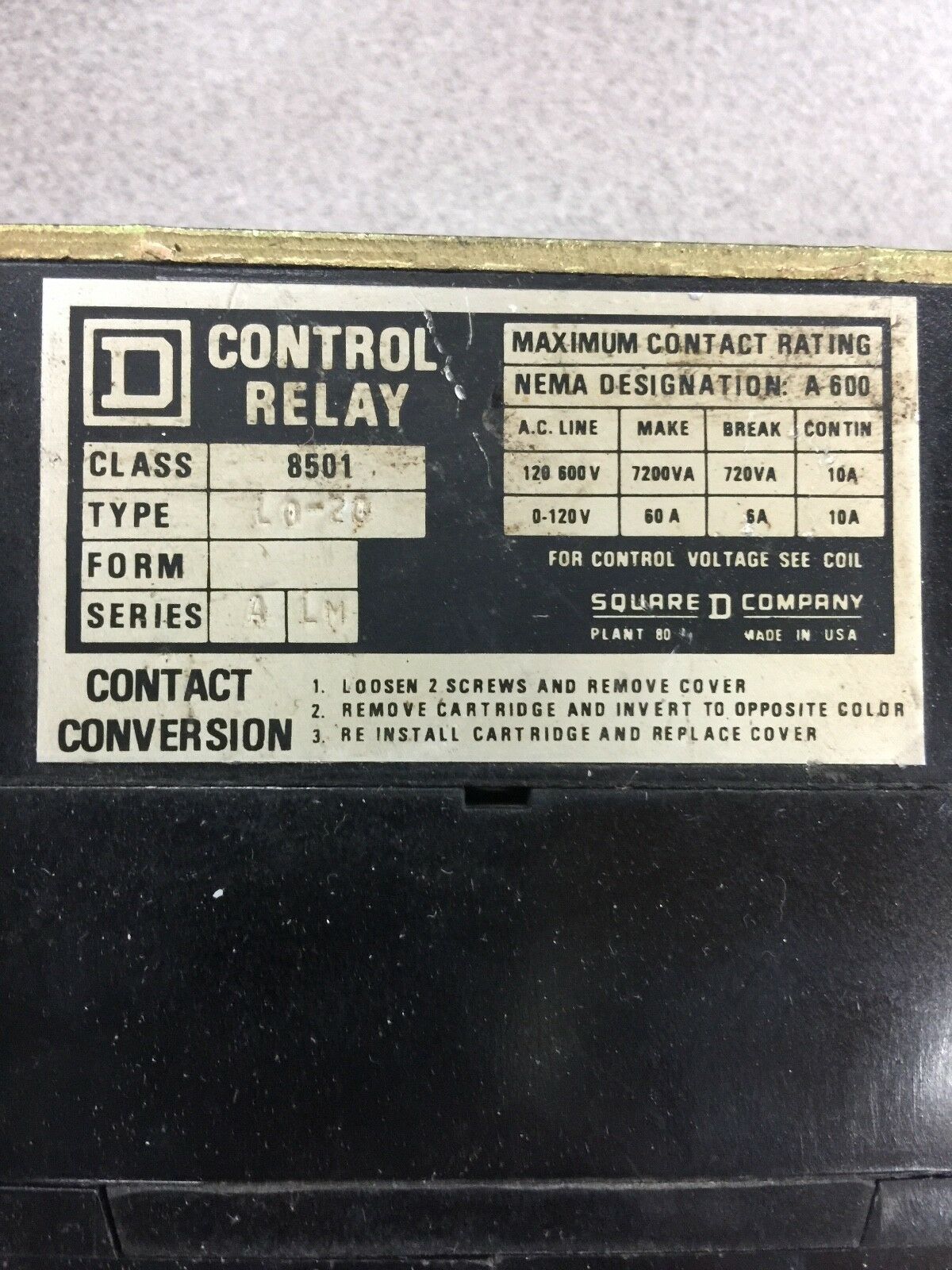 USED SQUARE D CONTROL RELAY 8501 L020