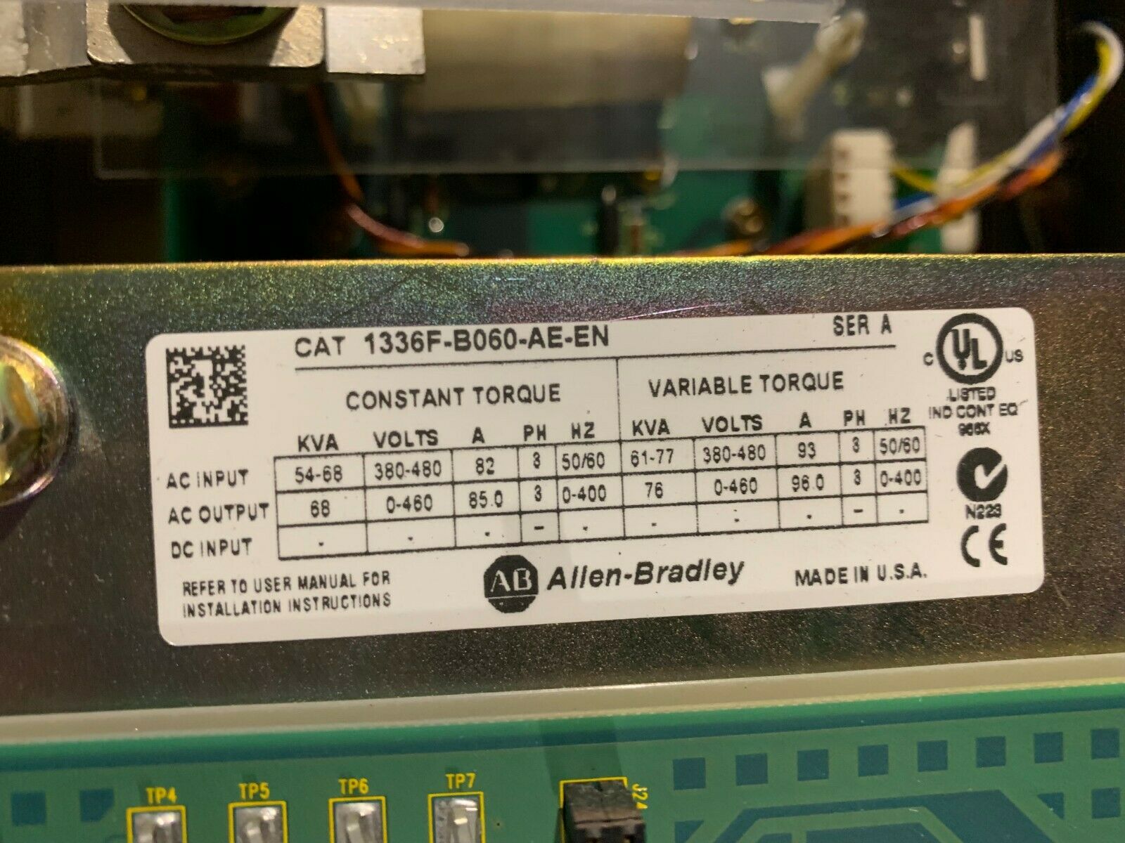 USED ALLEN-BRADLEY 60HP VARIABLE SPEED DRIVE 1336F-B060-AE-EN SERIES A