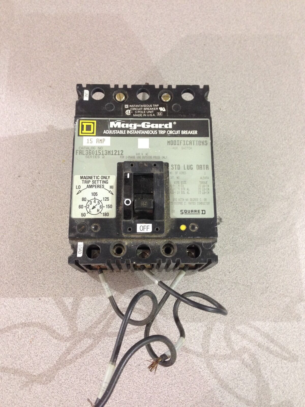 USED SQUARE D 15 AMP CIRCUIT BREAKER FAL3601513M1212 SERIES 2  (D6)