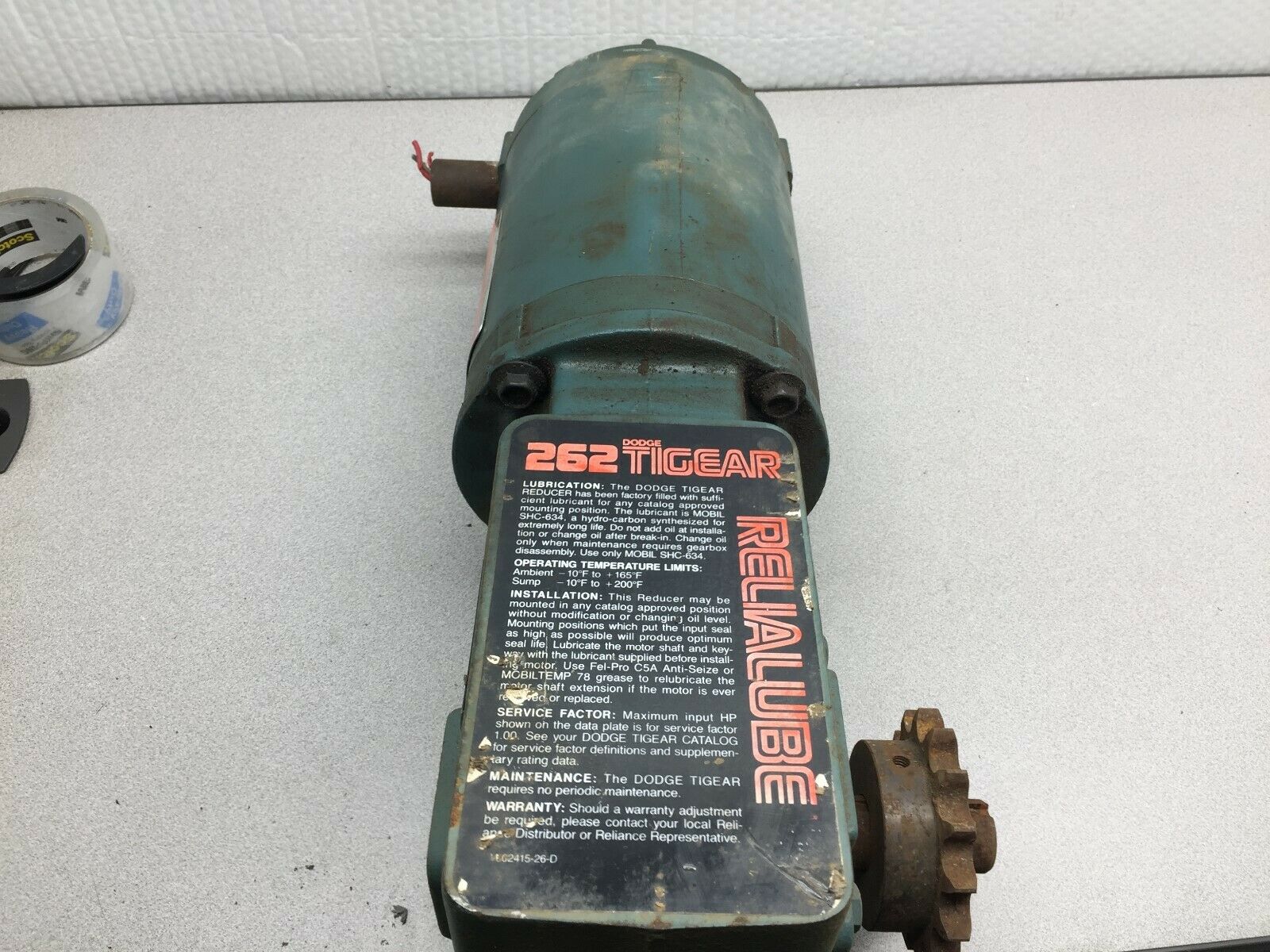 USED DODGE TIGEAR ANGLE REDUCER WITH RELIANCE 1/2HP MOTOR 56/262-60  /  P56H1343