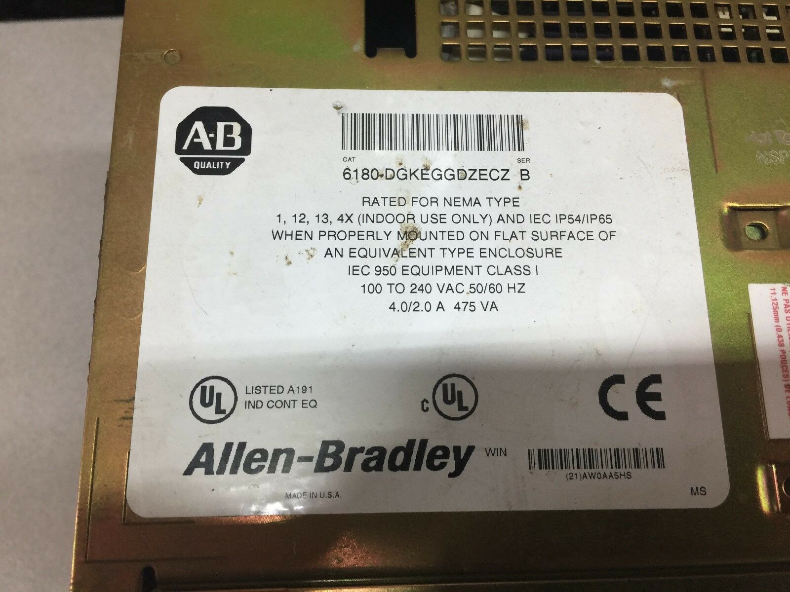 USED ALLEN BRADLEY PANEL VIEW 6180-DGKEGGDZECZ SER B