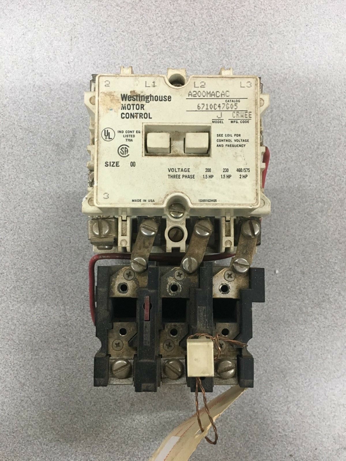 USED WESTIGNHOUSE SIZE 00 MOTOR STARTER 100/120V. COIL  A200MACAC