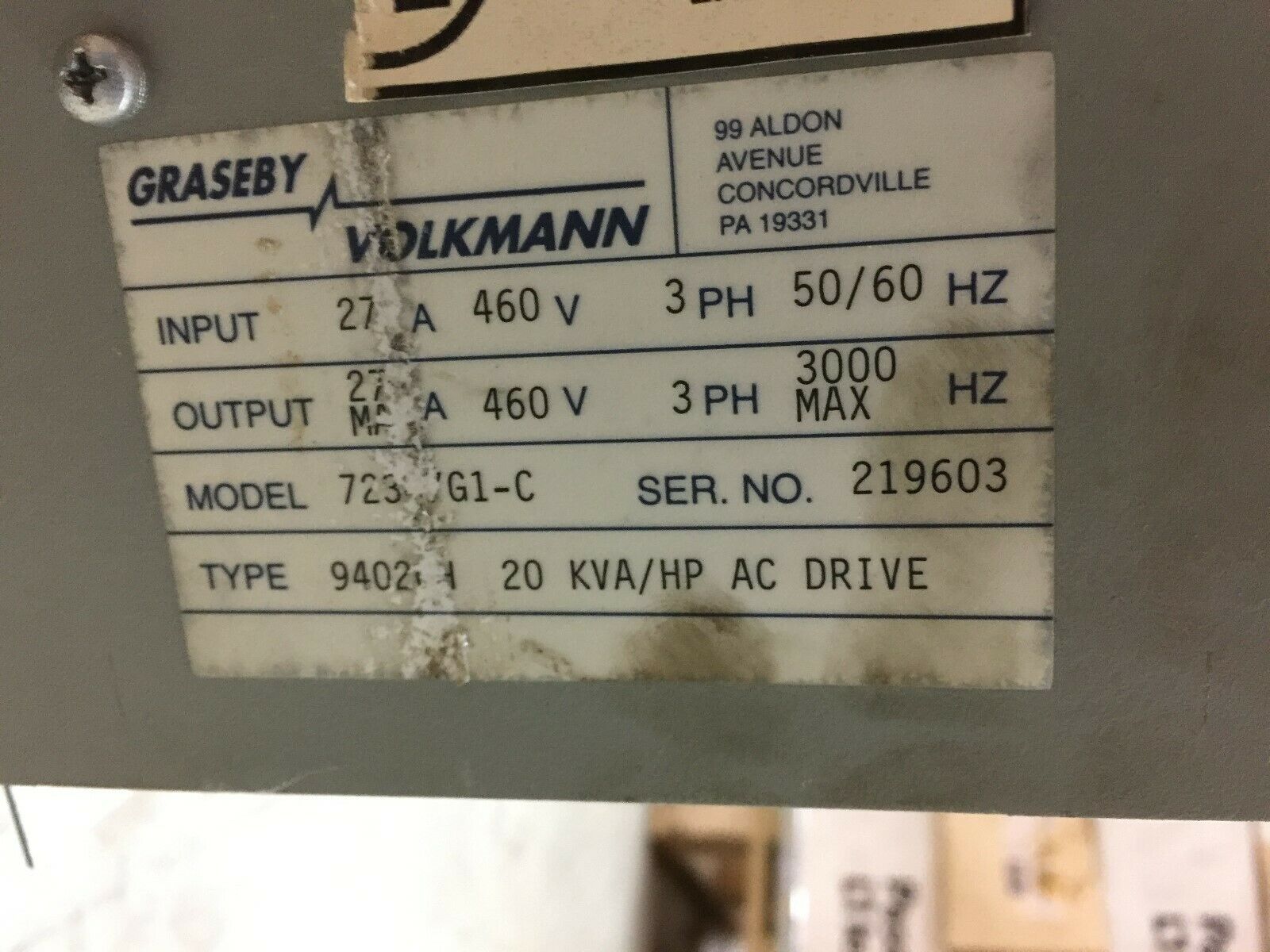 USED VOLKMANN 9000 460VAC 3PH 27AMP 3000HZ DRIVE 94020L