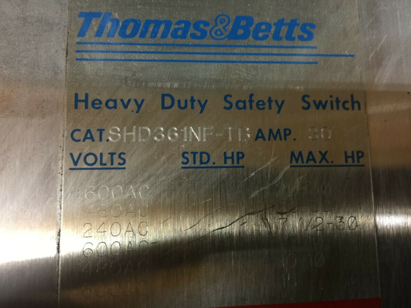 USED THOMAS AND BETTS 30 AMP 3POLE 600VAC SS WATERTIGHT DISCONNECT SHD361NF-TB