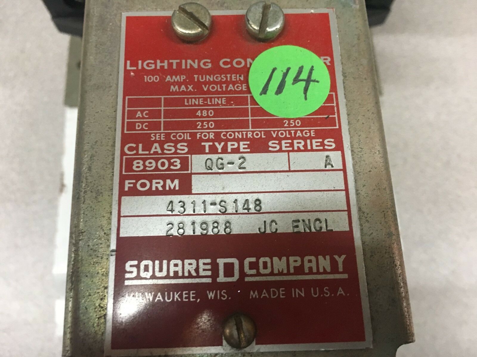 USED SQUARE D LIGHTING CONTACTOR 8903 QG-2 SERIES A