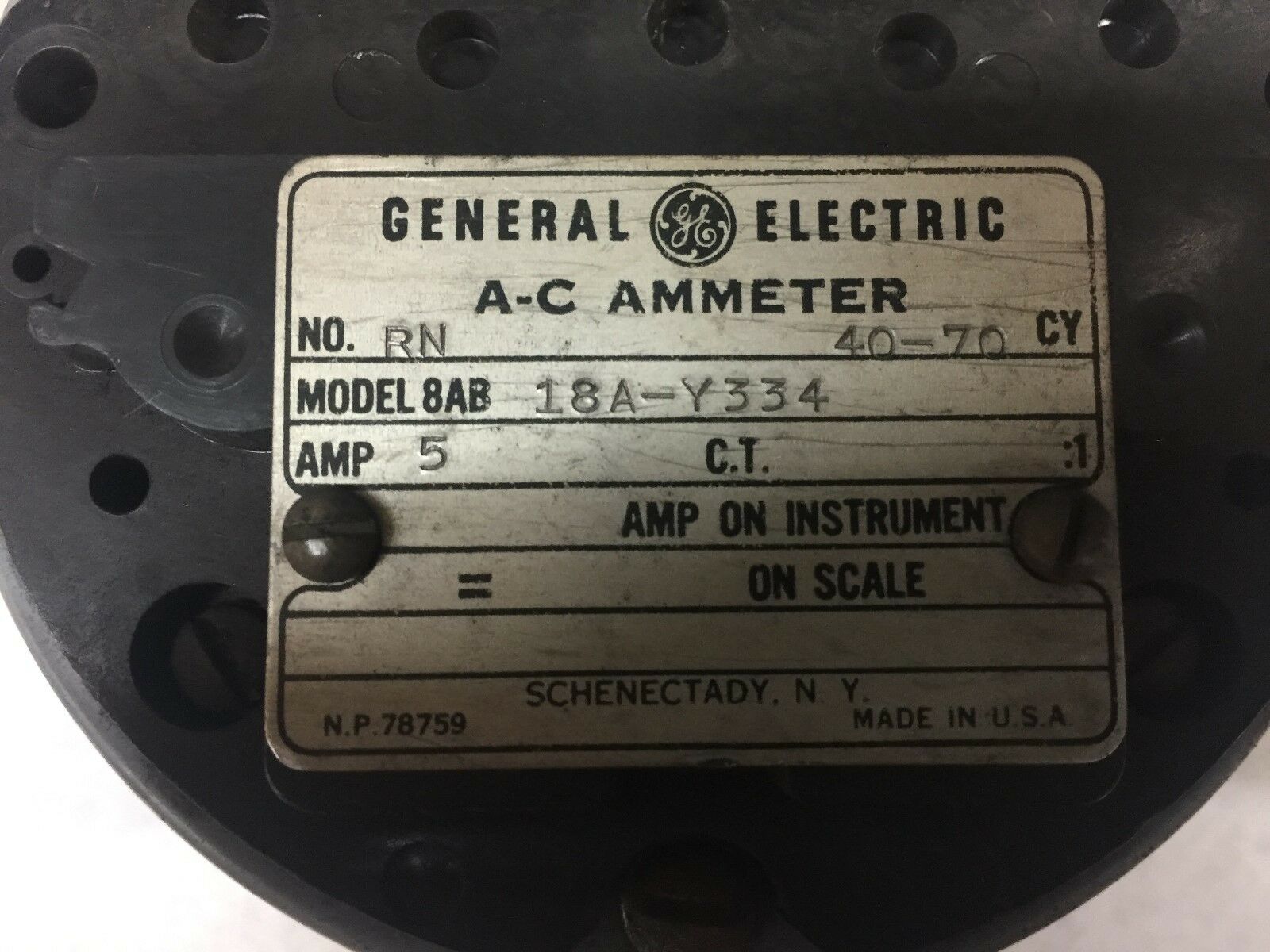 USED GE AC 5 AMP AMMETER 8AB 18A-Y334