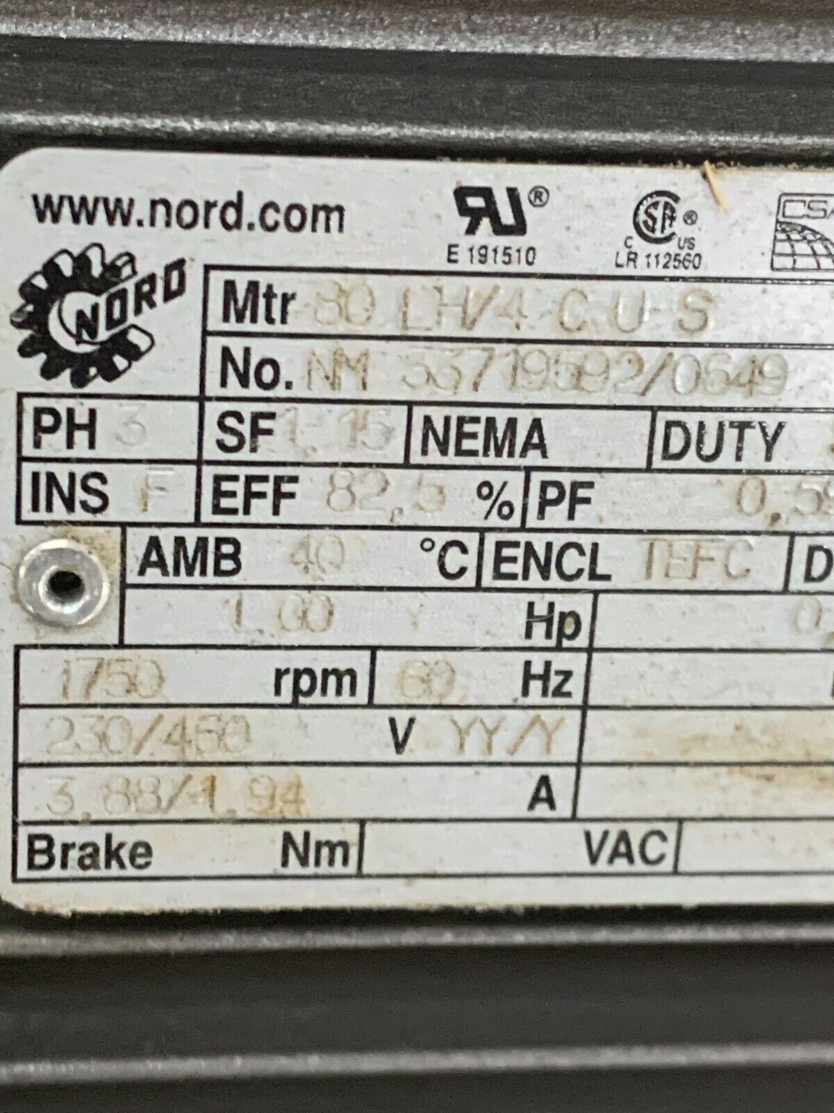 NORD 1HP MOTOR 80 LH/4 CUS WITH 15.33:1 RATIO GEAR REDUCER 1S50AZ-80 LH/4 CUS