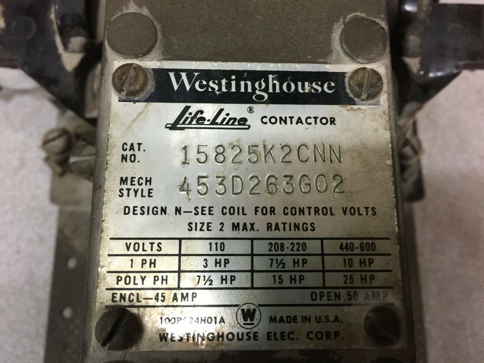 USED WESTINGHOUSE LIFE LINE SIZE 2 45AMP 440VAC COIL 3POLE CONTACTOR 15825K2CNN